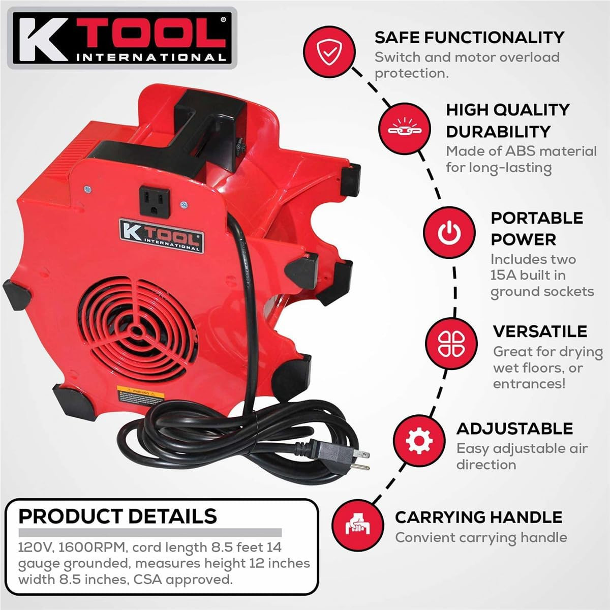 300 CFM Floor Blower Fan – 3 Speed, Indoor/Outdoor, Red Utility Fan
