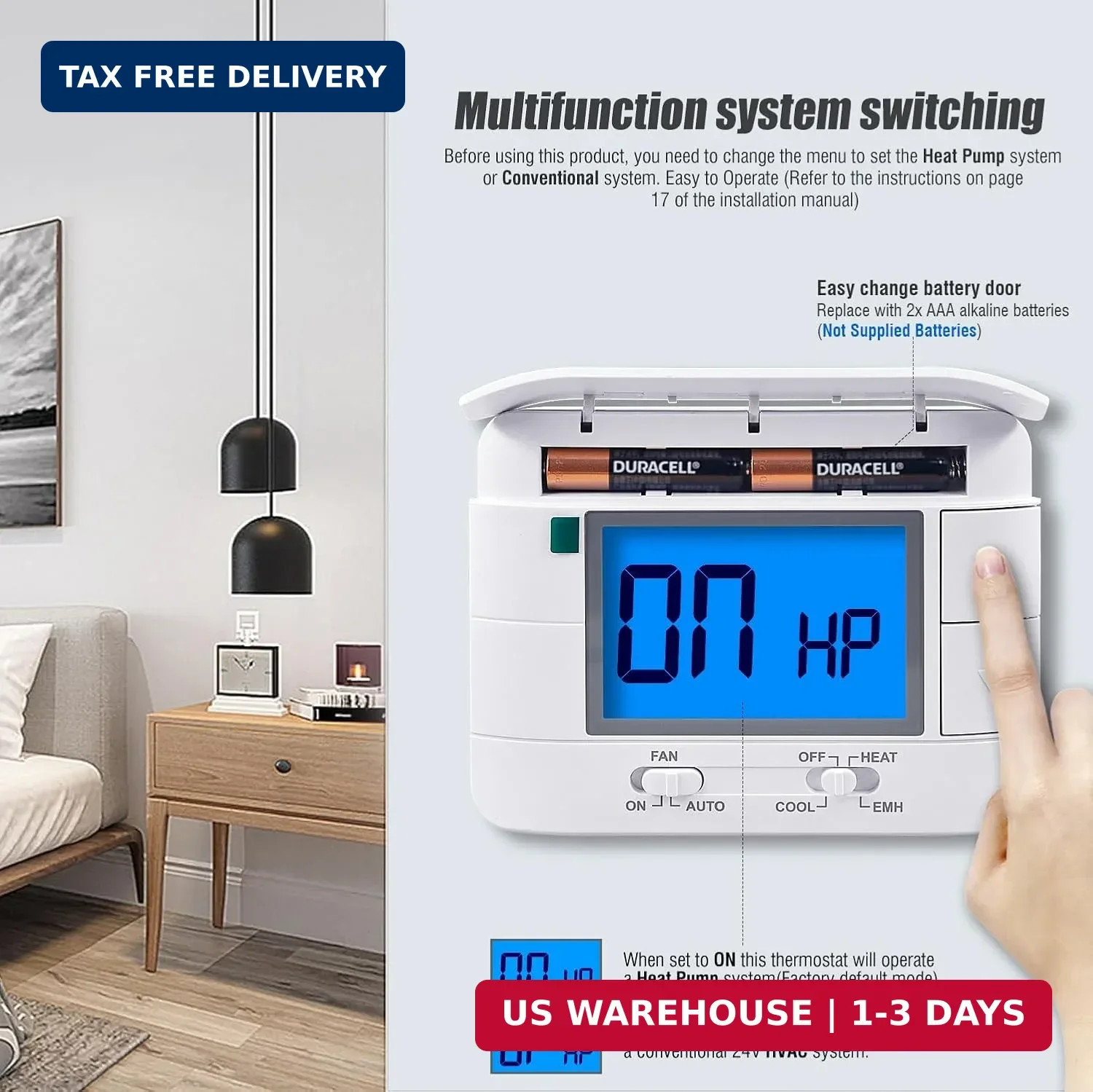 Thermostat Non Programmable Heat Pump Thermostat for House 2H/1C, with Large LCD