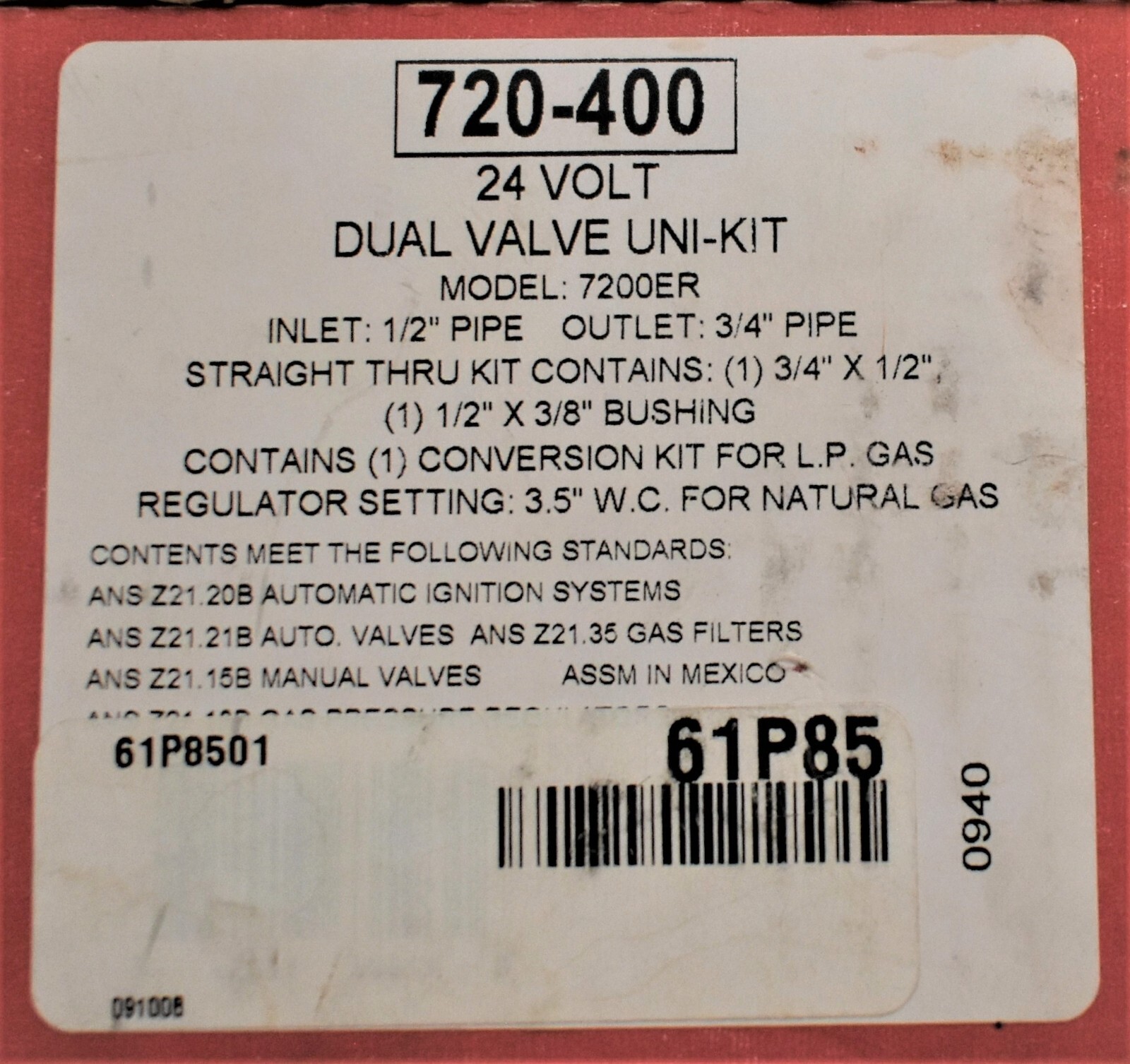 Robertshaw 720-400 Gas Heating Furnace Combo Valve 24V – 7200ER – Ng/Lp NEW