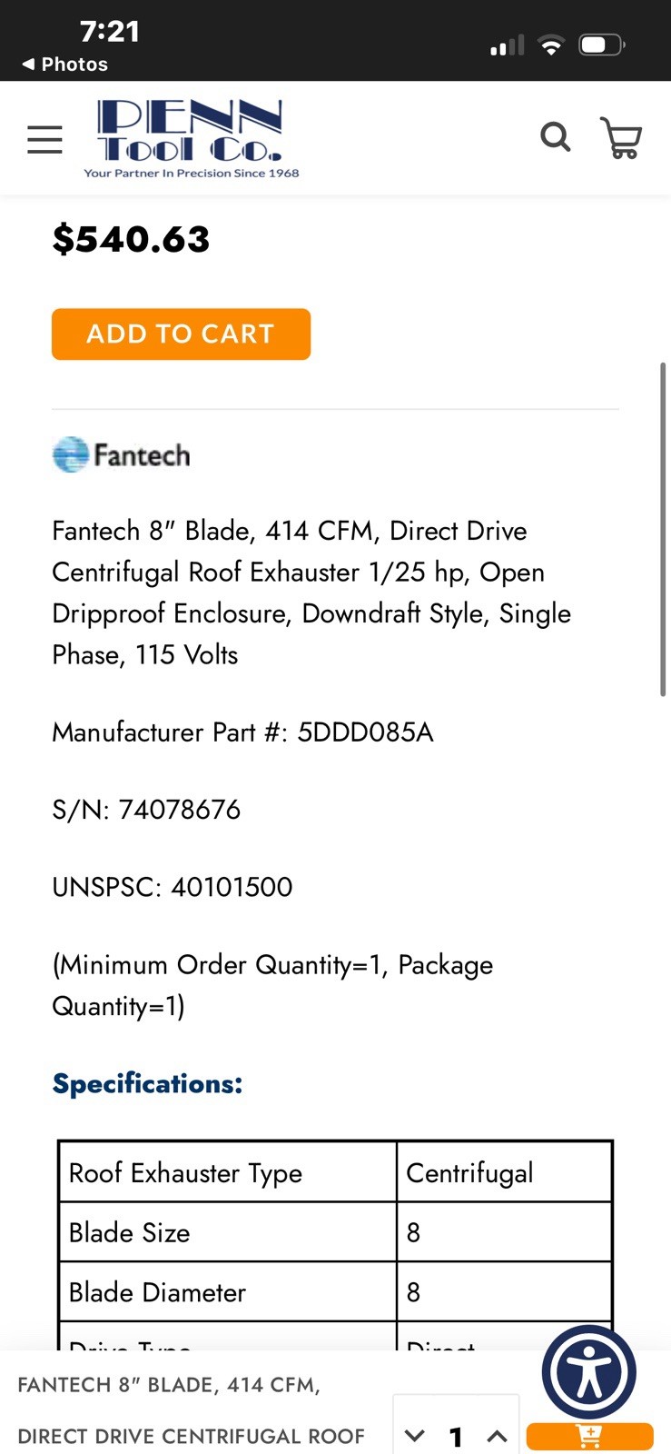 Fantech 5DDD106A Direct Drive Downblast Roof Ventalator