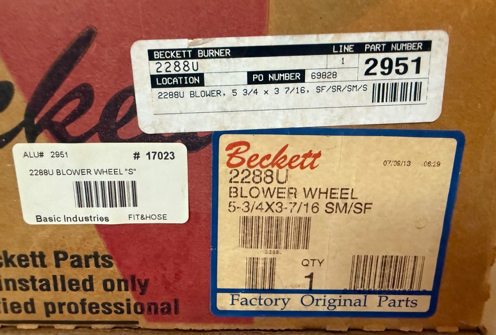 Beckett 2288U Blower Wheel 5-3/4 x 3-7/16 Oil Burner HVAC NOS w/ Instructions