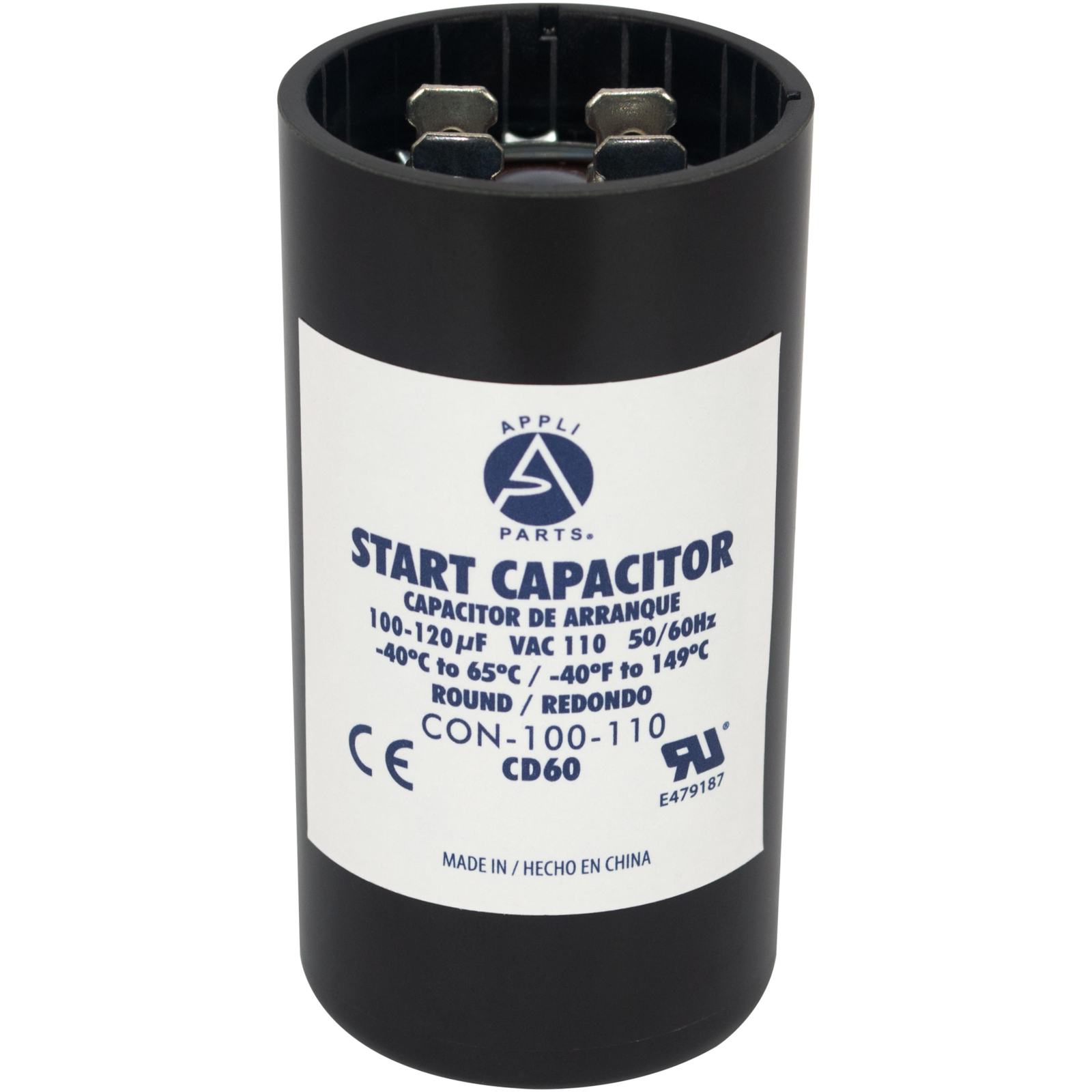 Appli Parts motor start capacitor 100-120 Mfd (microfarads) uF 110-125 VAC unive