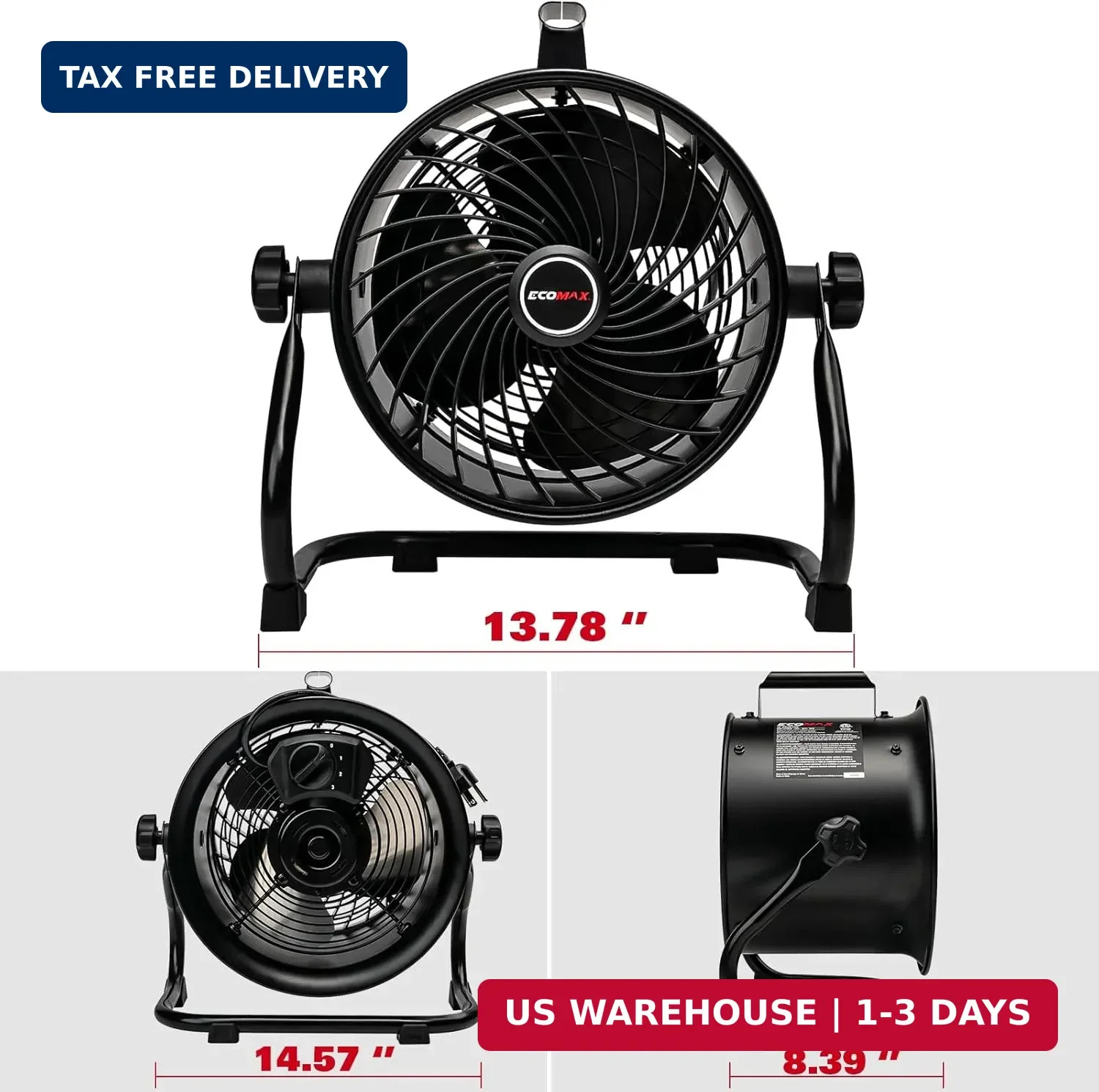 ECOMAX 10-Inch Drum Fan, 900CFM 3-Speed Industrial Floor Fan with 360° Tilt Head