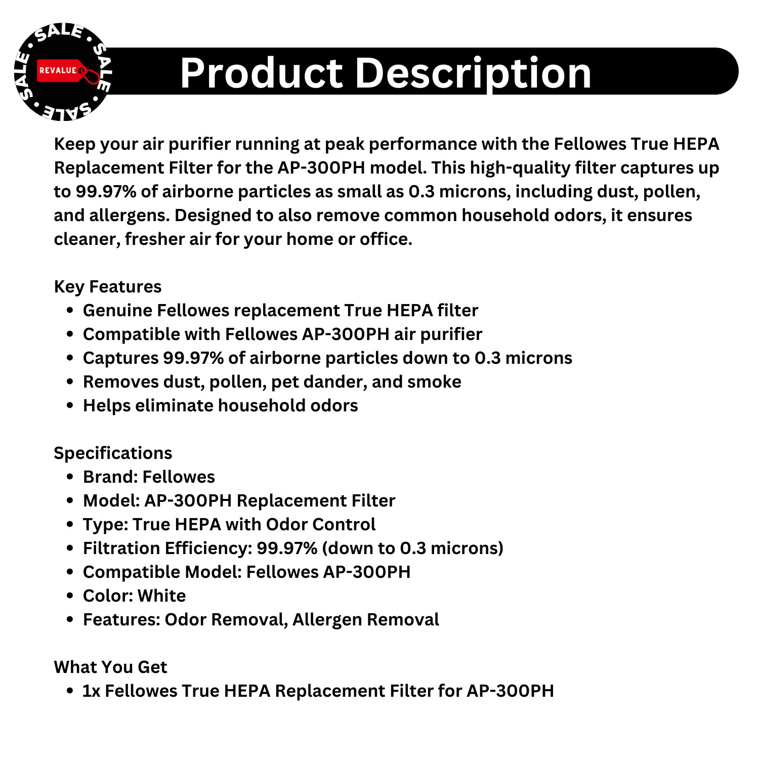 Fellowes True HEPA Replacement Filter AP-300PH Air Purifier with Odor Removal