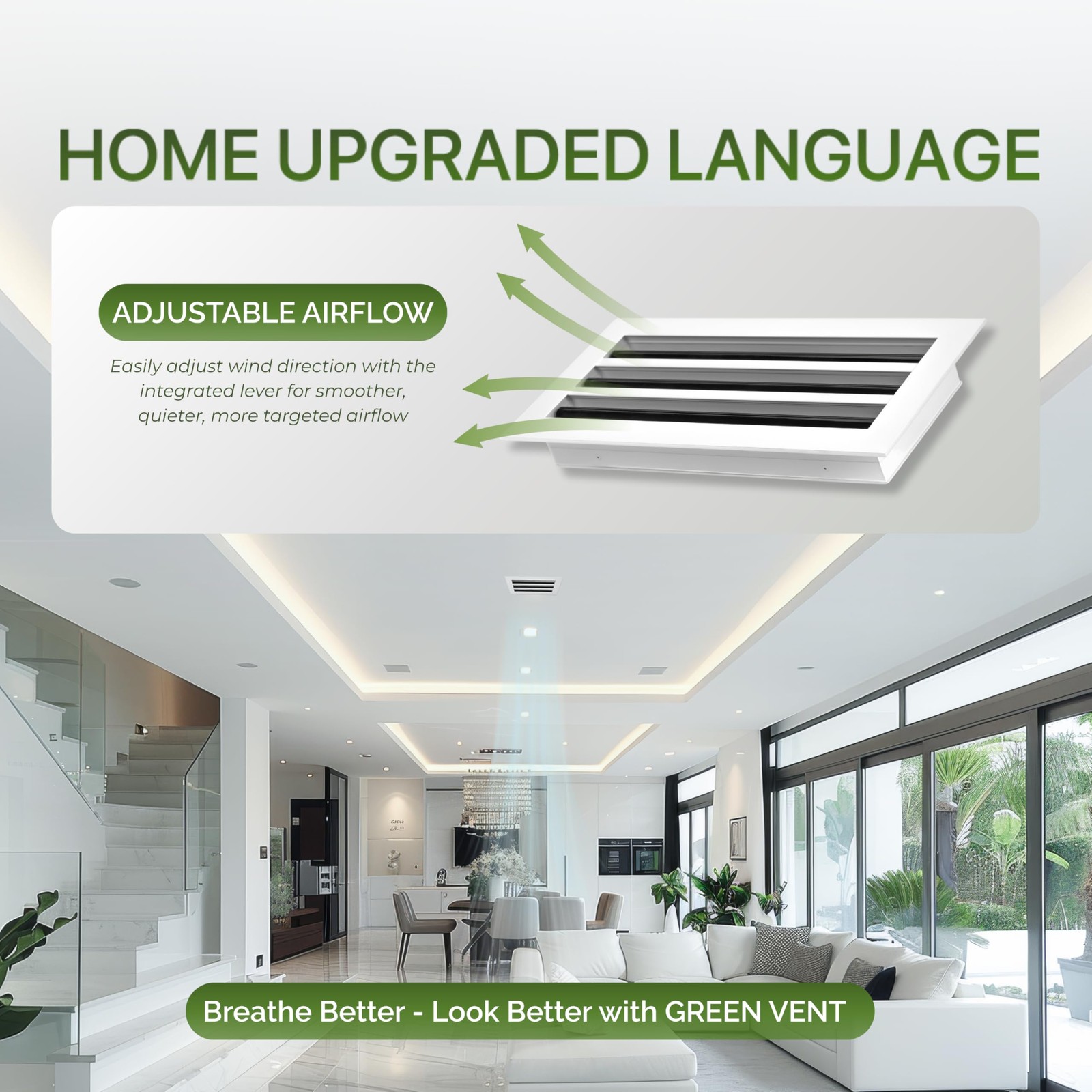 GREEN VENT Modern Air Vent Cover 8×6 (Duct Opening) – Decorative White Aluminum