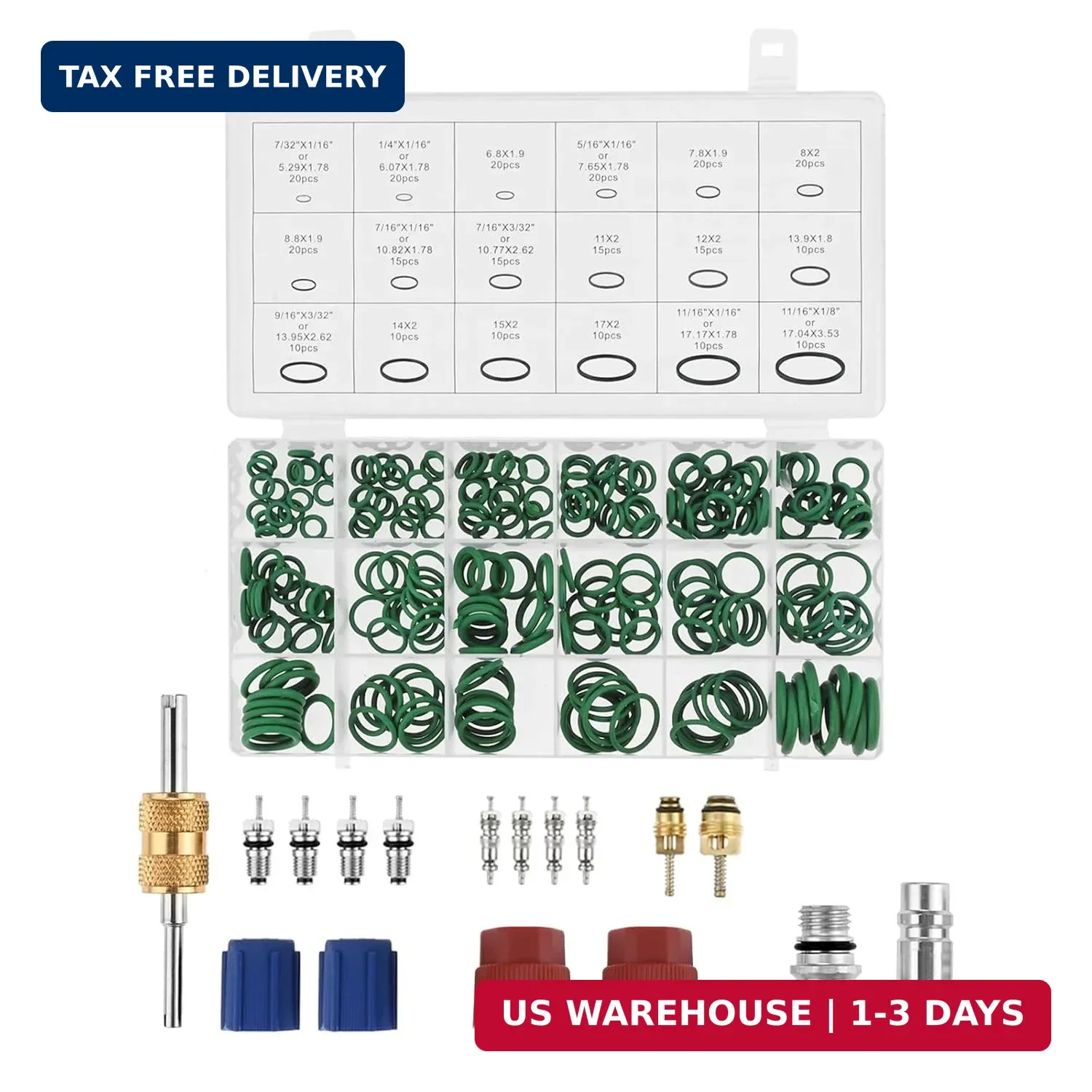 Air Conditioning Valve Core Kit, 17Pcs R134a Valve Core, 270Pcs Green Rubber O-R