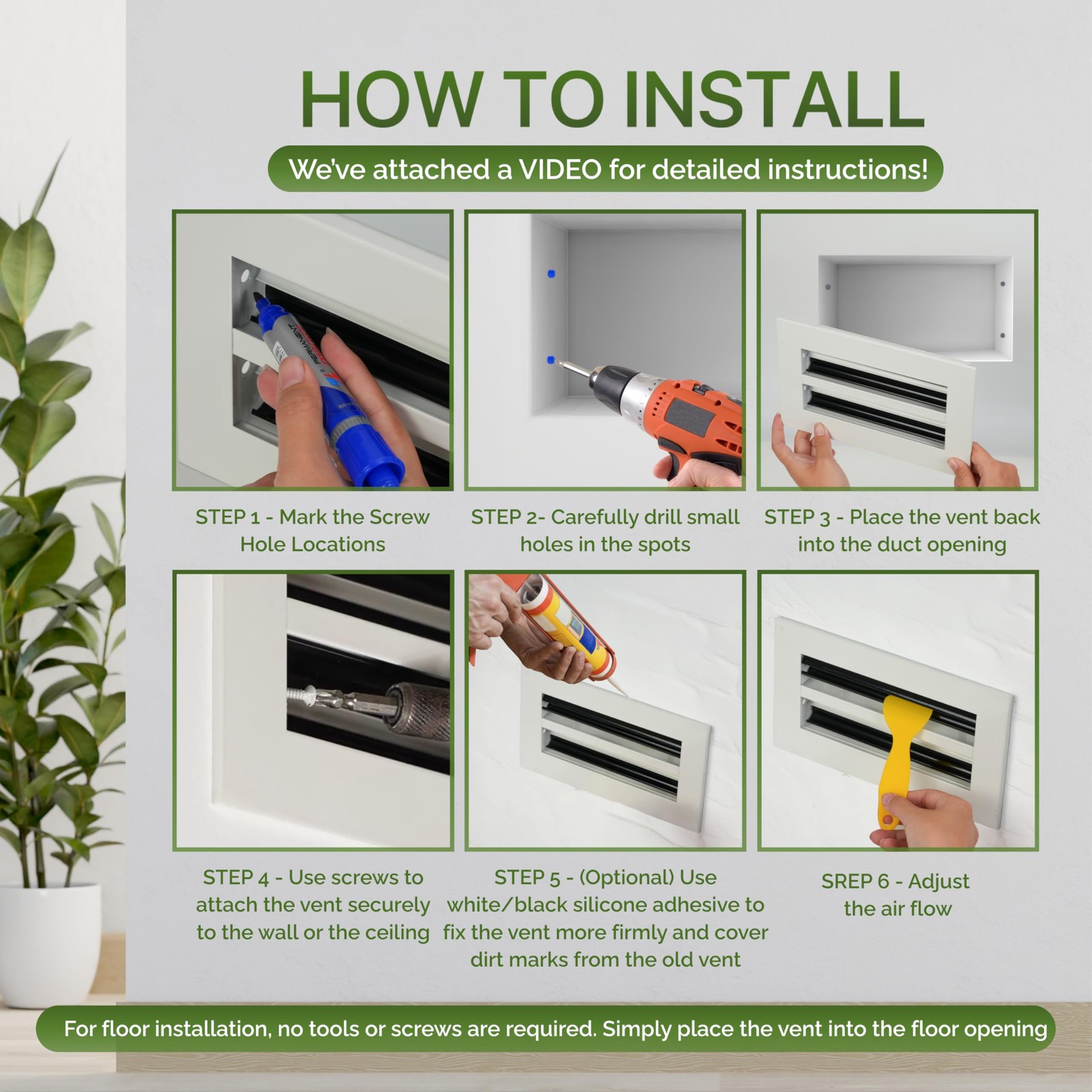 GREEN VENT Modern Air Vent Cover 8×6 (Duct Opening) – Decorative White Aluminum