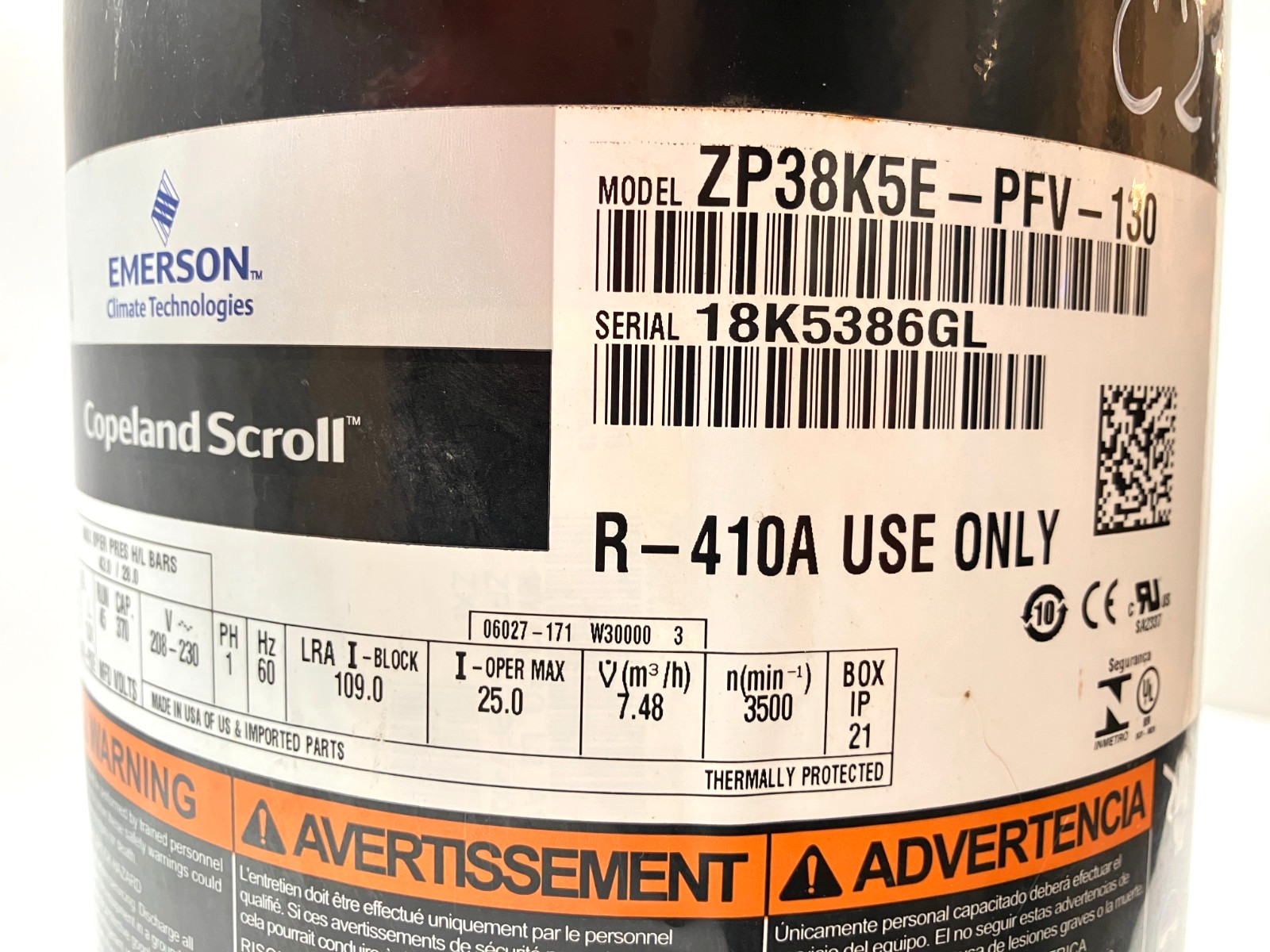 COPELAND Scroll ZP38K5E-PFV-130 37,800 BTU 230V 1PH 60HZ R-410A only! used #C21