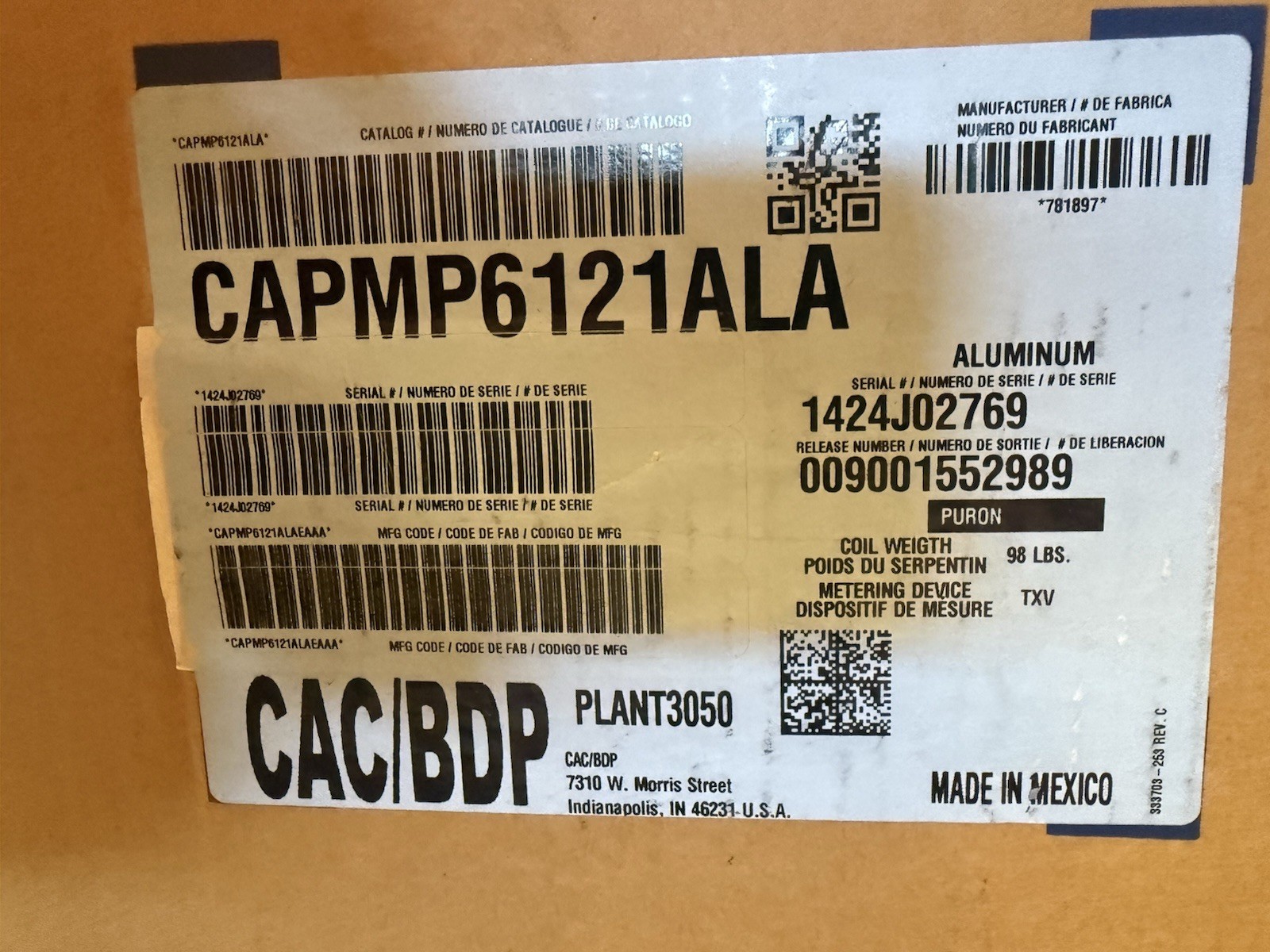 Carrier Painted Aluminum Cased “A” Coil 5 Ton Evaporator TXV Multipoise 21”