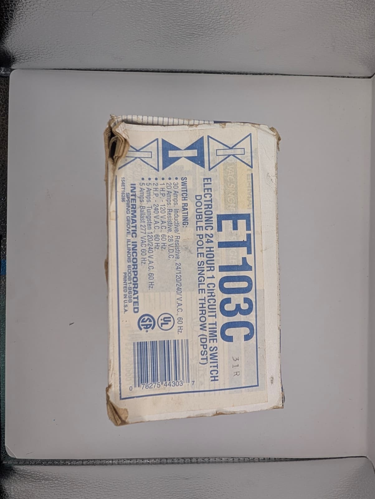 Intermatic ET103C Electronic 24 Hour 1 Circuit Time Switch DPST 30A New Open Box