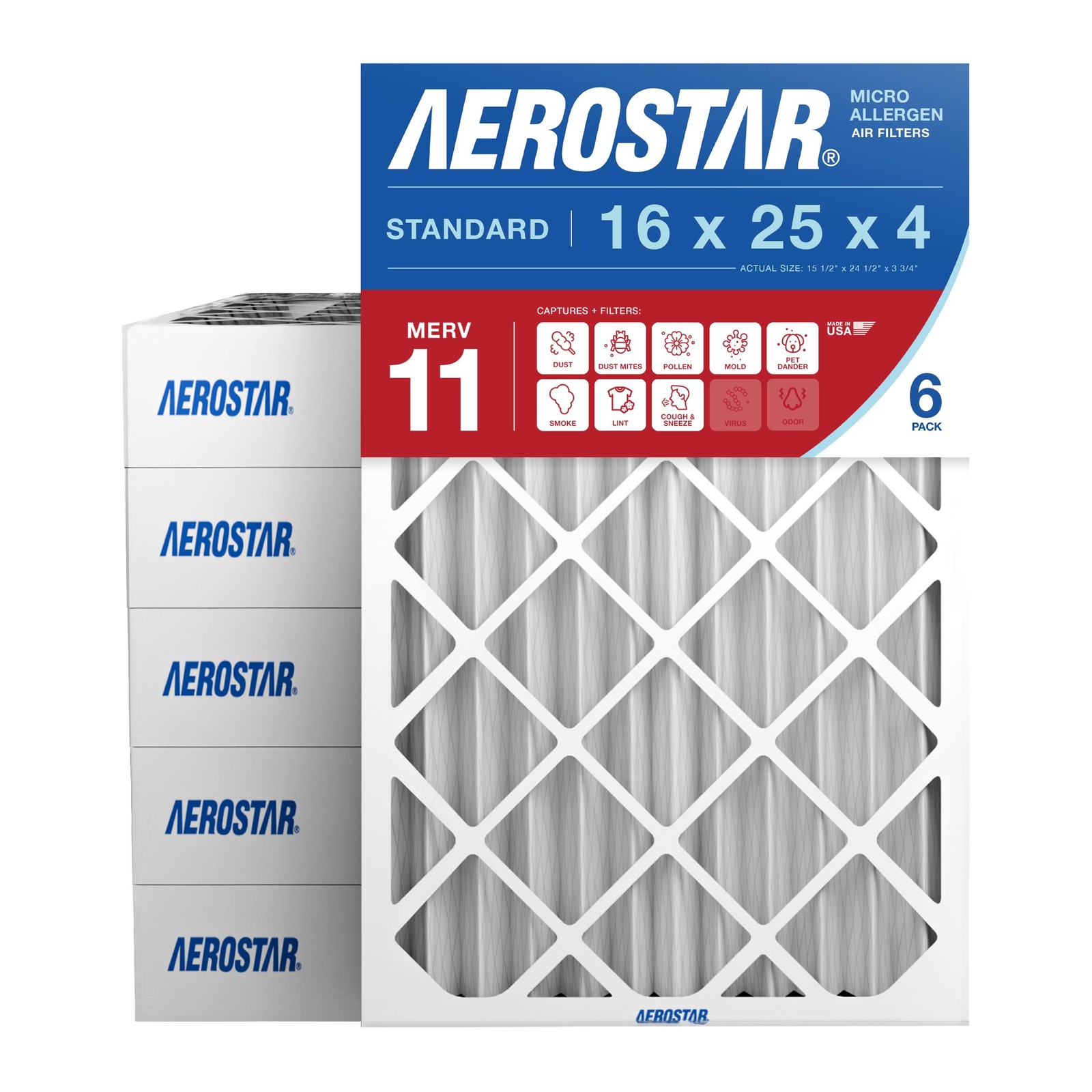 Aerostar 16x25x4 MERV 11 – 6 Count – Pleated HVAC, Furnace & 6 PACK, 11