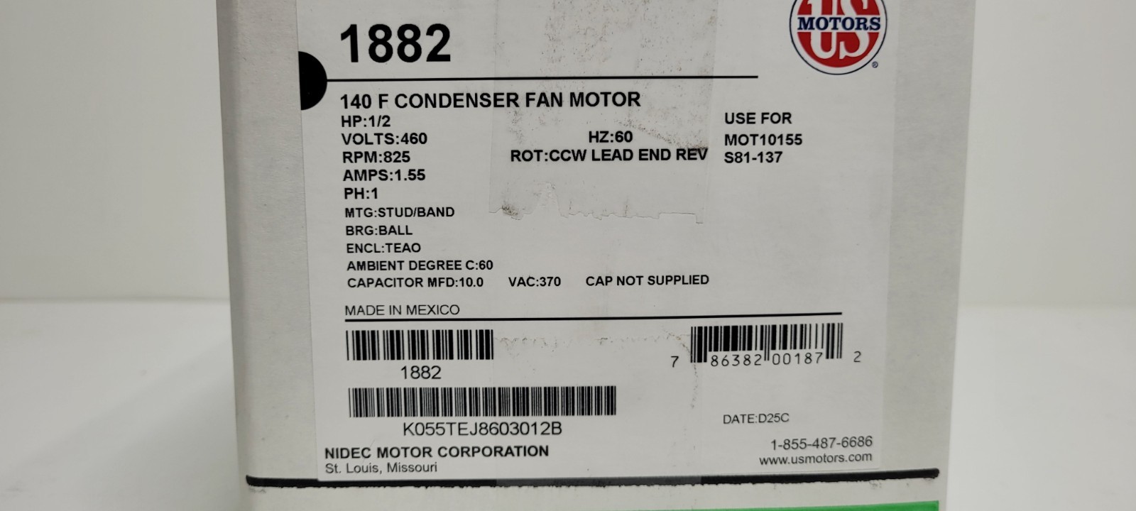 US Motors 1882, Condenser Fan, 1/2 HP, 1-Phase, 825 RPM Motor MOT10155 S81-137