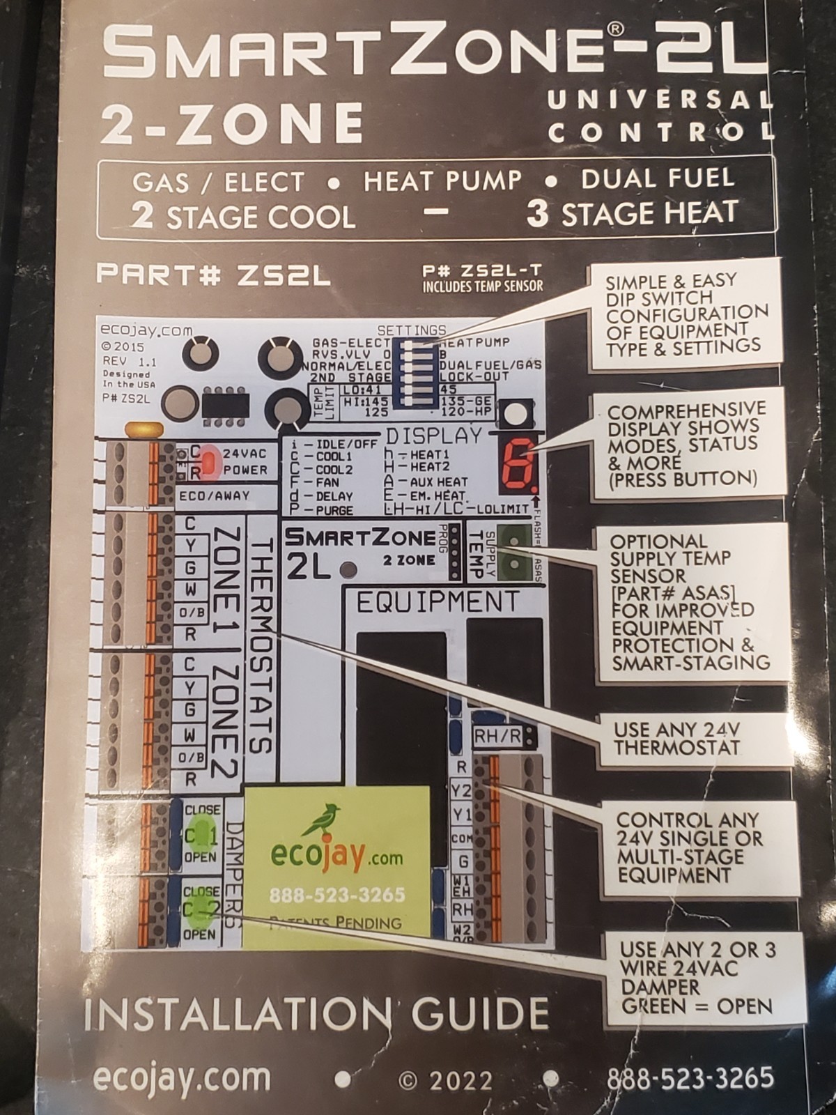 ECOJAY SmartZone 2L Universal 2-Zone Control Panel 24V 12A HVAC Board ZS2L