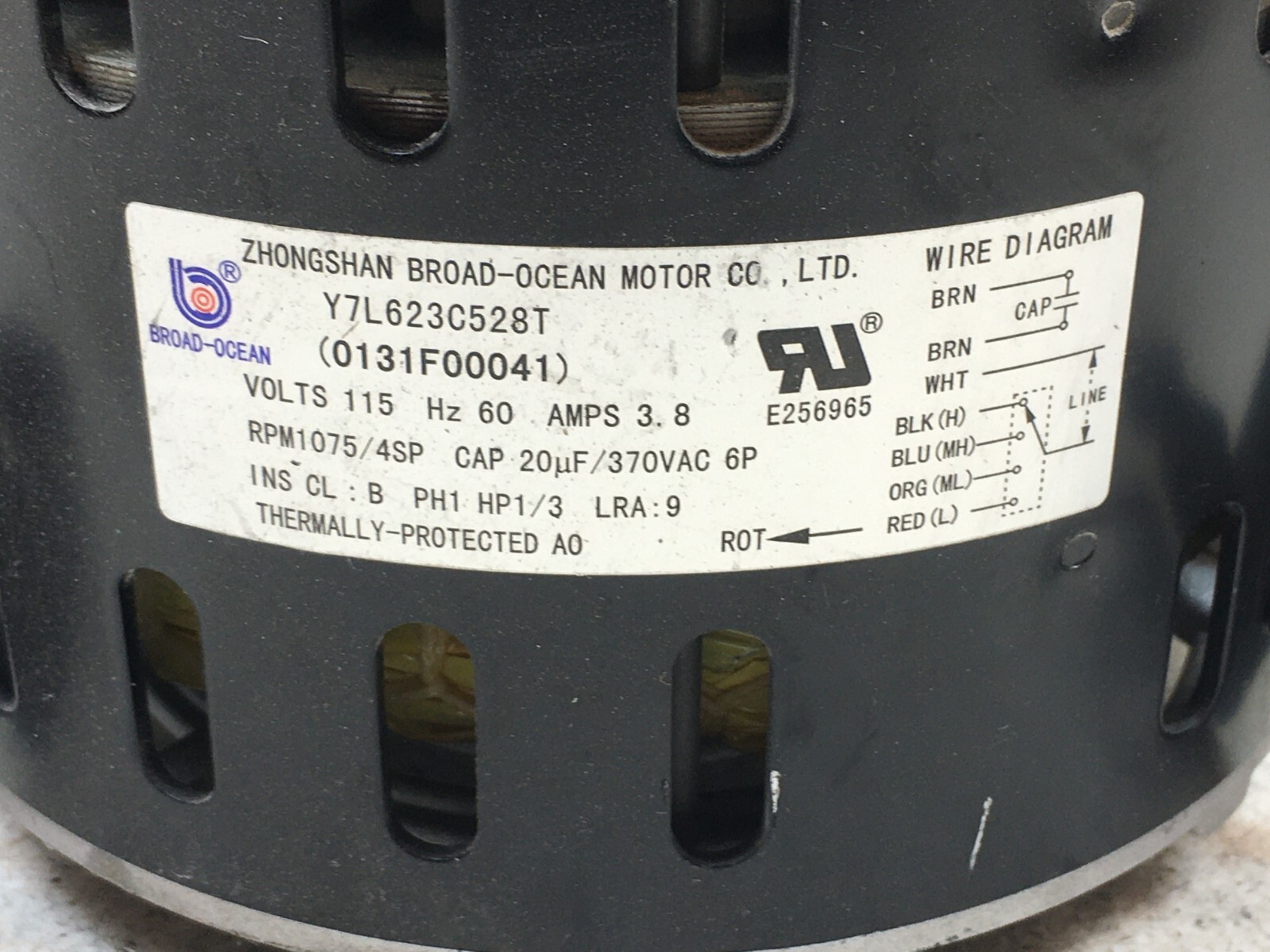 Zhongshan Broad-Ocean Y7L623C528T Blower Motor 0131F00041 1/3HP 115V used #MP308