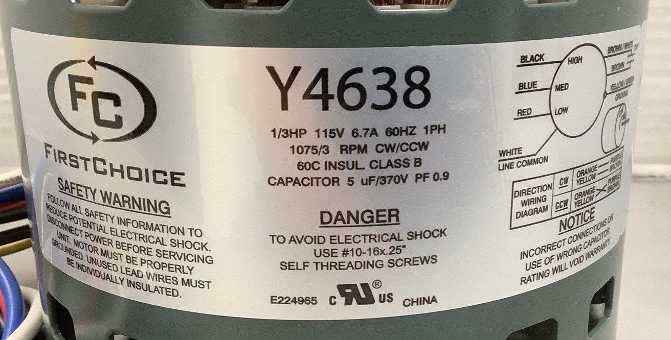 First Choice Y4638 AC Furnace Blower Motor 1/3HP 1075RPM 115V (R106)