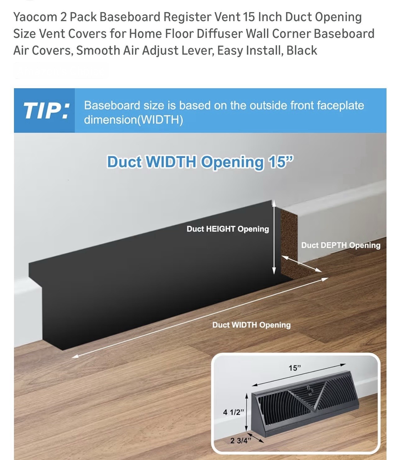 Yaocom 2 Pack Baseboard Register Vent Covers Black 15×4.5in Easy Install Lever