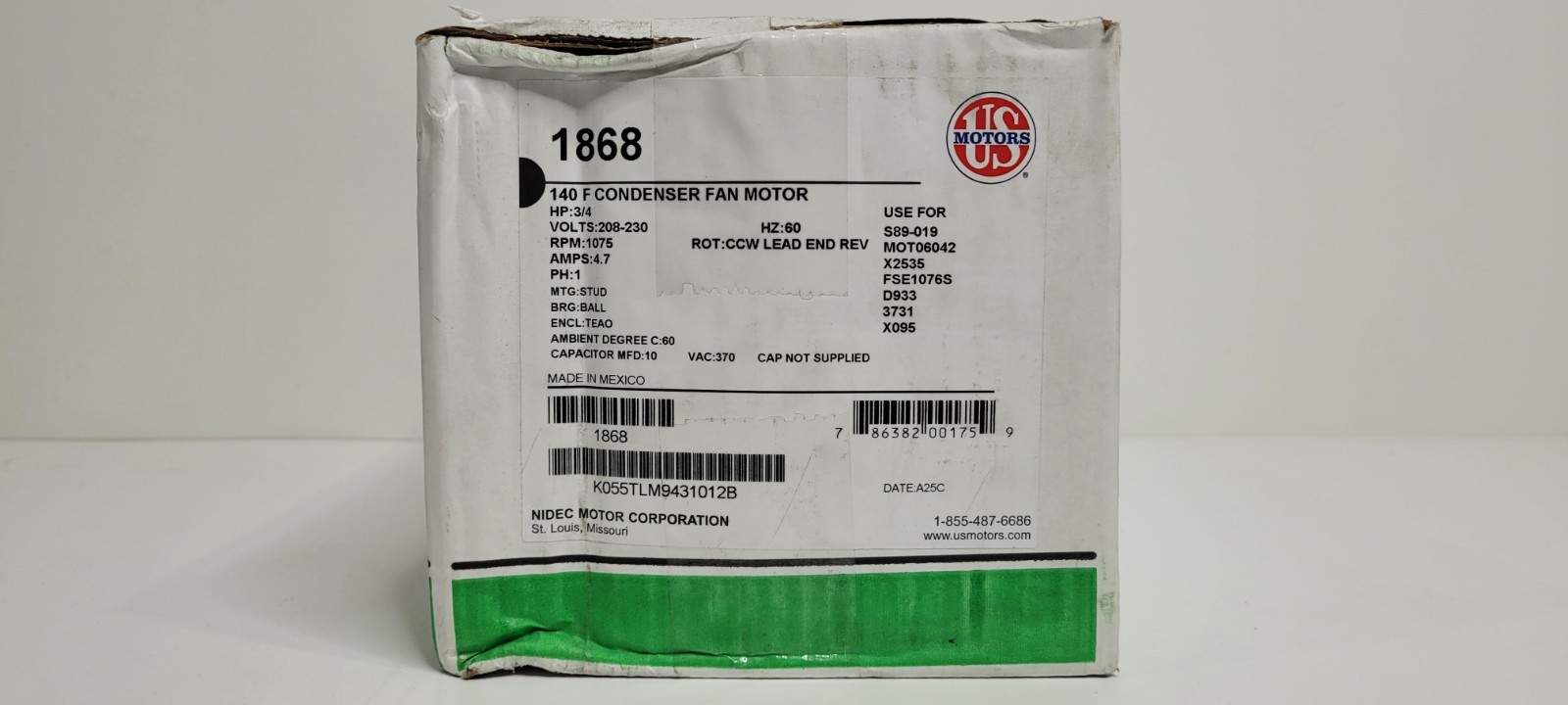 US Motors 1868, 3/4 HP Condenser Fan Motor 1075 RPM, 208-230V TEAO 1/2″ SHAFT