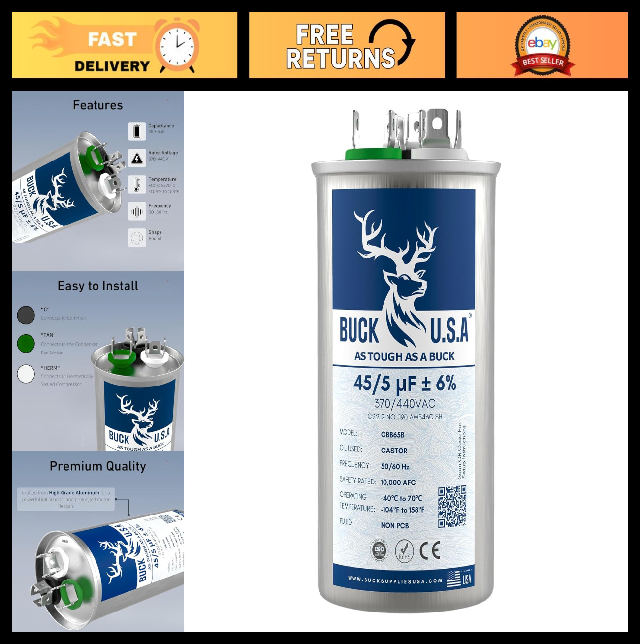 Dual Run Round Start Capacitor 45+5uF 370/440VAC for HVAC, AC Fan Motor, Heat Pu