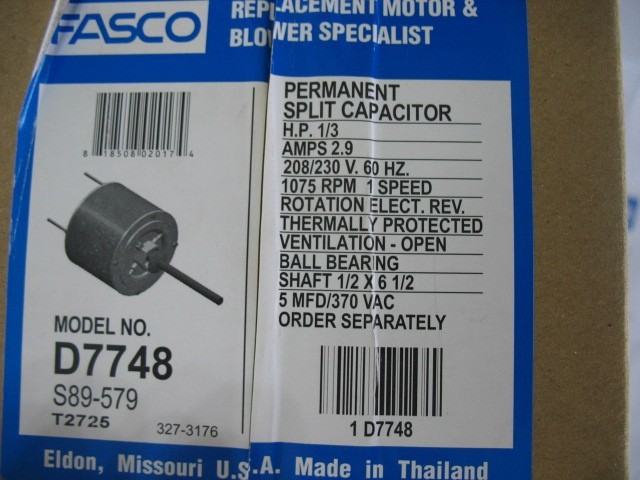 FASCO D7748 CONDENSER FAN MOTOR, 208-230V AC, 1-PHASE, 1/3HP, 49VT94 -NEW-