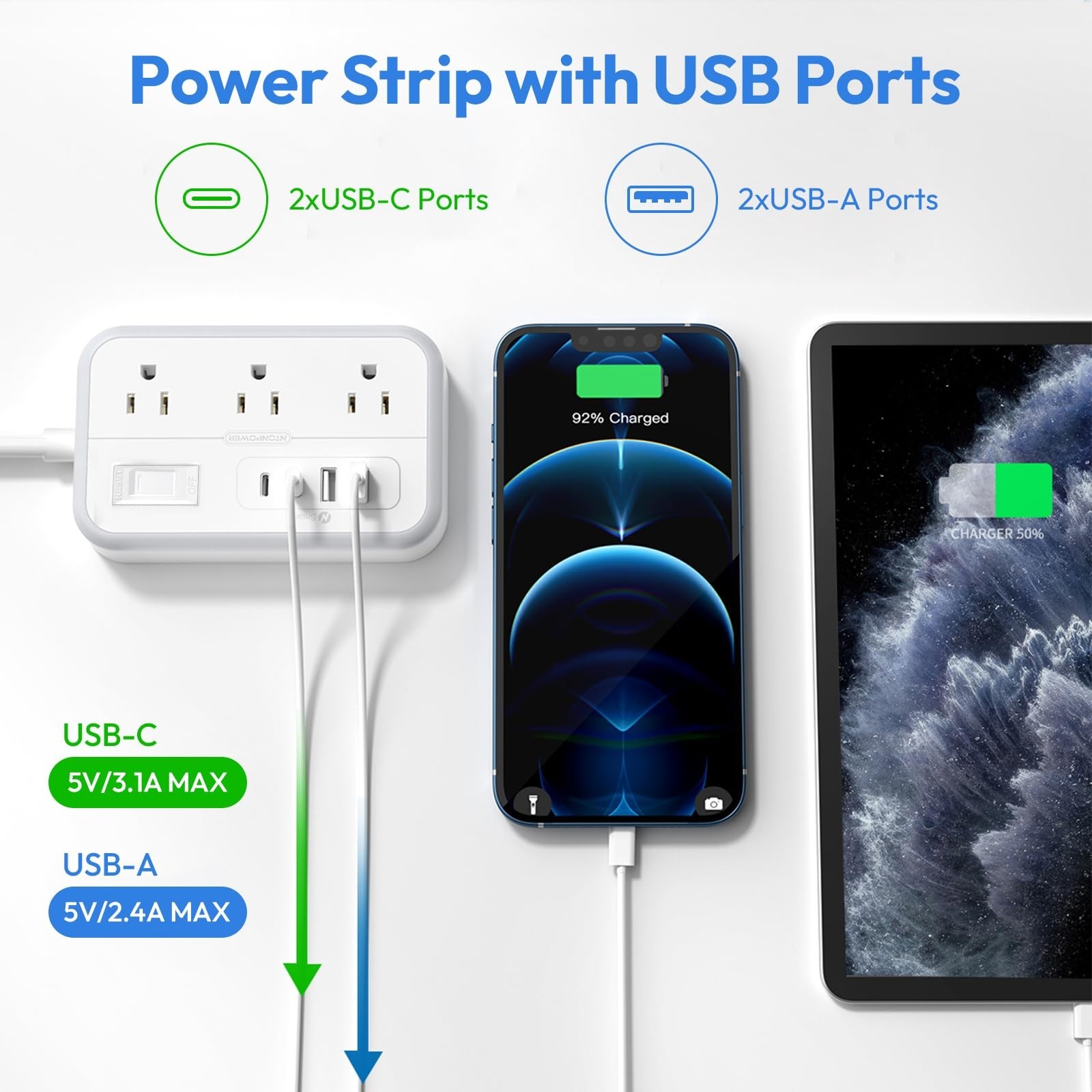Two 25 FT 11-in-1 & 10-in-1 Extension Cord, 8 AC Outlet with 3 USB & 6 AC Out…