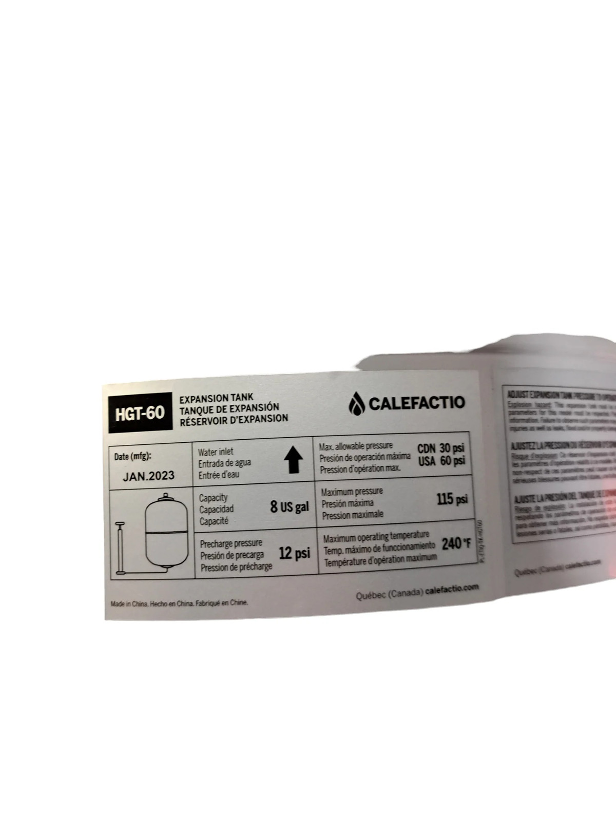 CALEFACTIO, HGT-60, FIXED BLADDER, EXPANSION TANK, 8 GAL, 1 IN CONNECTION, MNPT