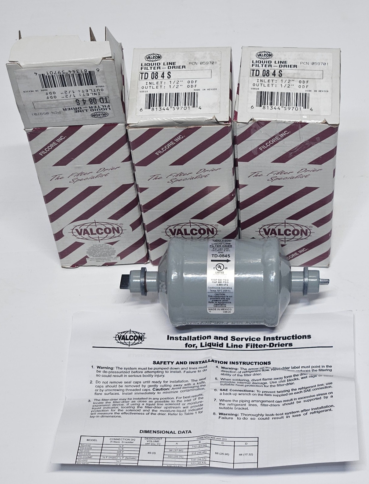 (3) Valcon TD084S Liquid Line Filter Drier 1/2″ ODF • 8 cu in • PCN:059701 NIB