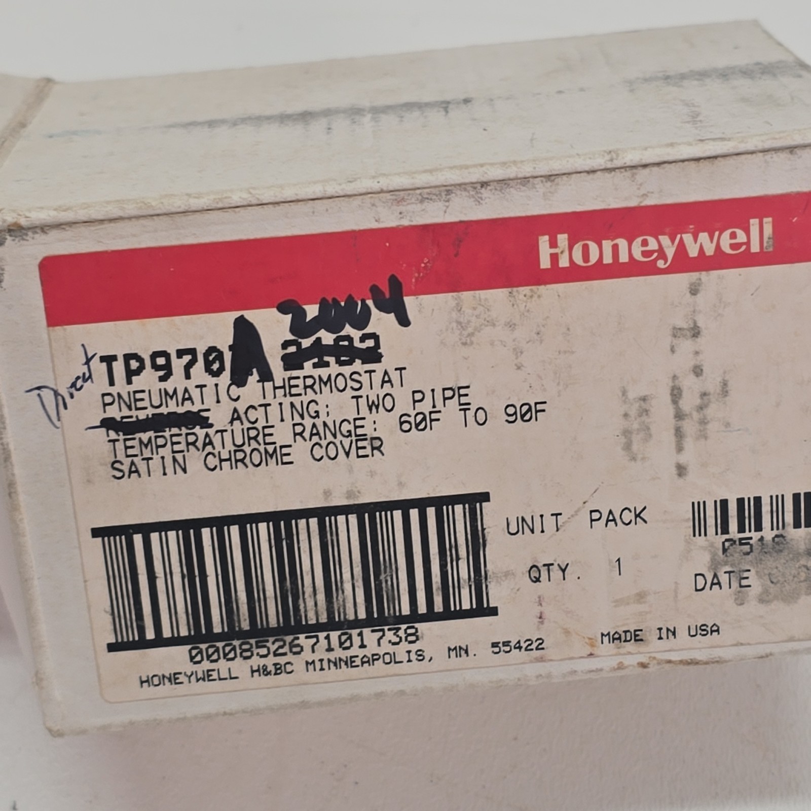 Honeywell TP970A 2004 Pneumatic Thermostat Direct Acting Analog Silver Black