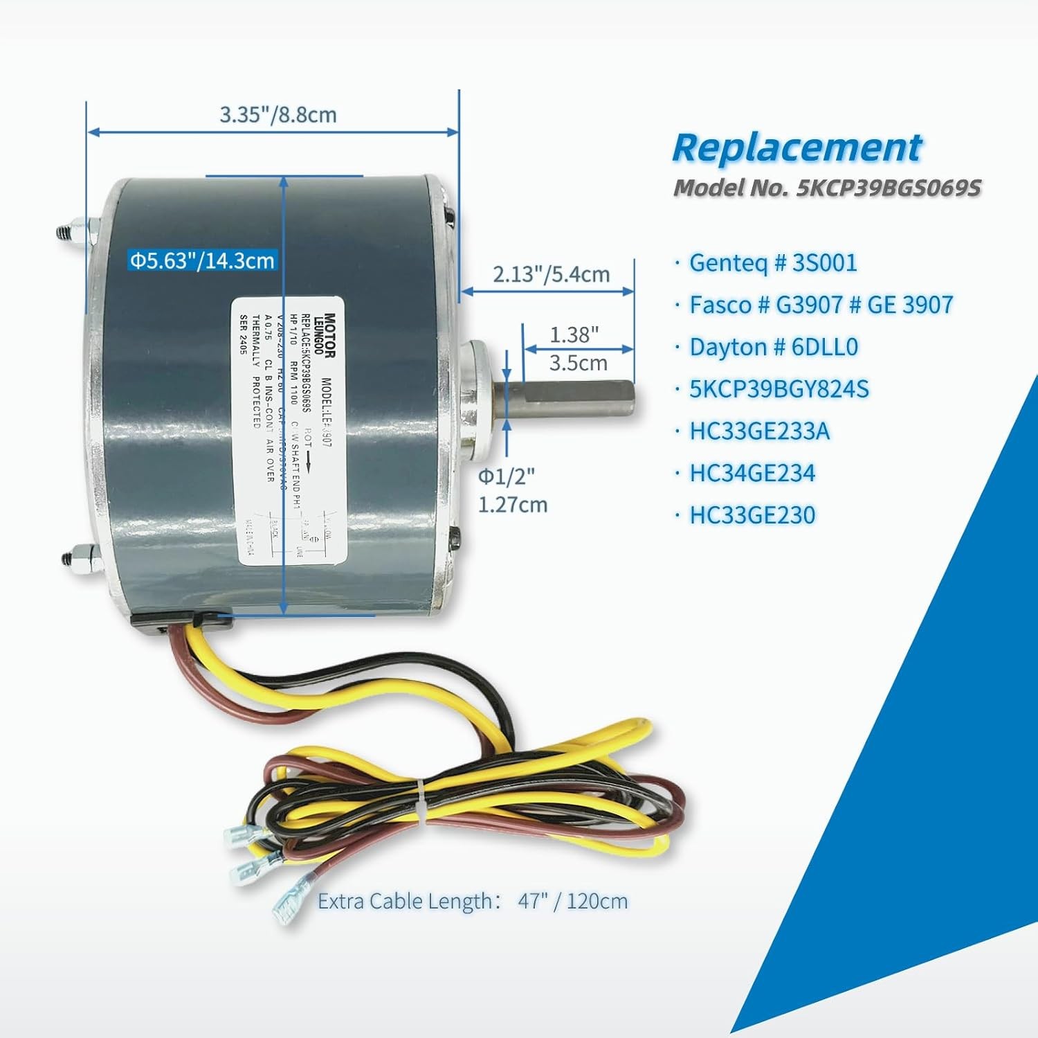 Condenser Fan Motor Replacement for Carrier 5KCP39BGS069S #3S001, #GE3907…