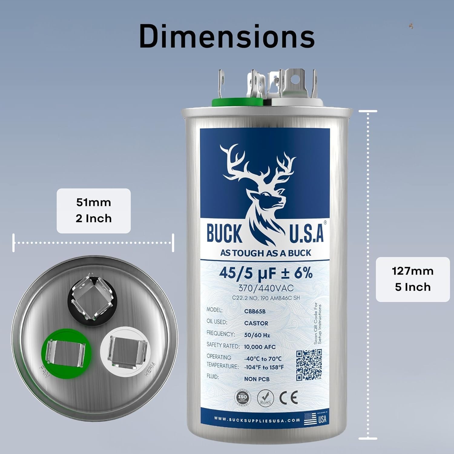 Dual Run Round Start Capacitor 45/5 MFD ±6% for HVAC, AC, Heat Pump, 370/440VAC