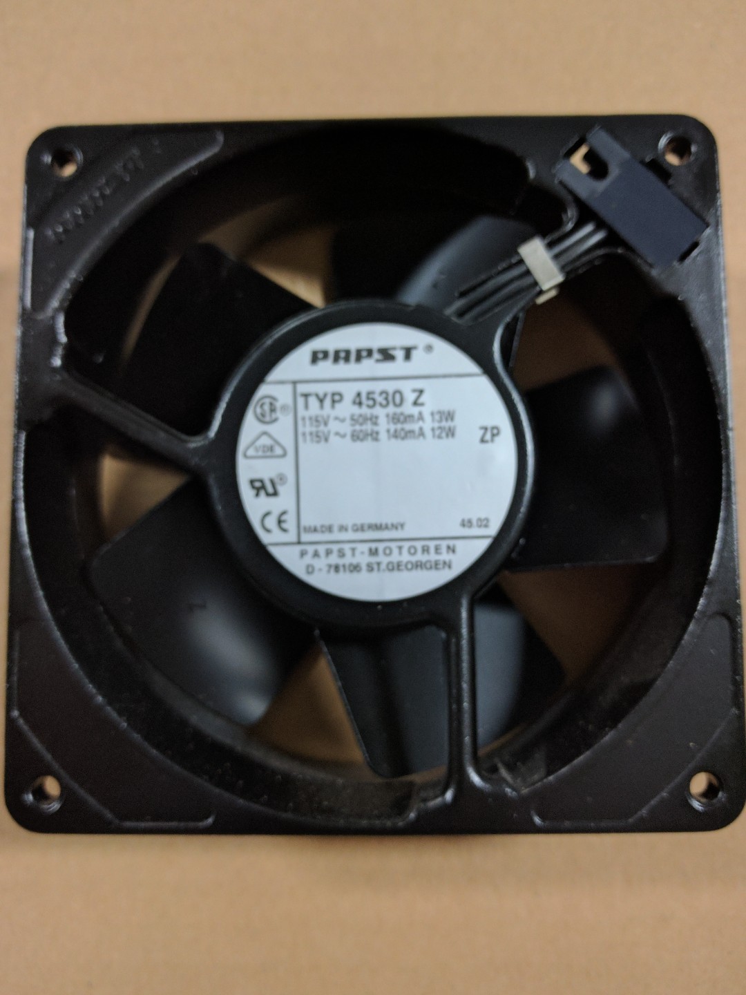 Ebm Papst 4530Z AC Fan, Power: 115VAC 50/60Hz 160/140mA, Air Flow: 71 CFM