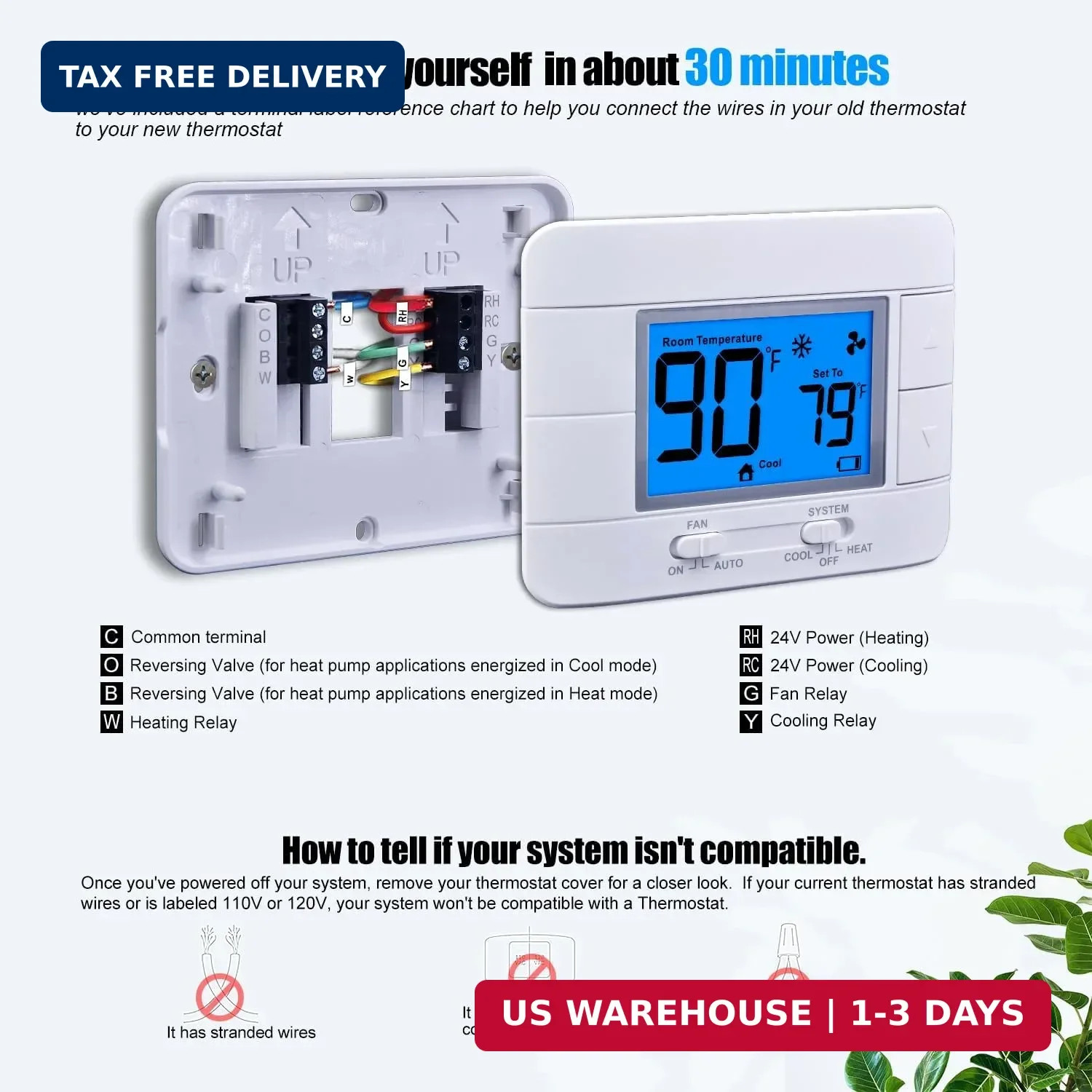 Non Programmable Thermostat for Home – Single Stage 1H/1C, with Room Temperature