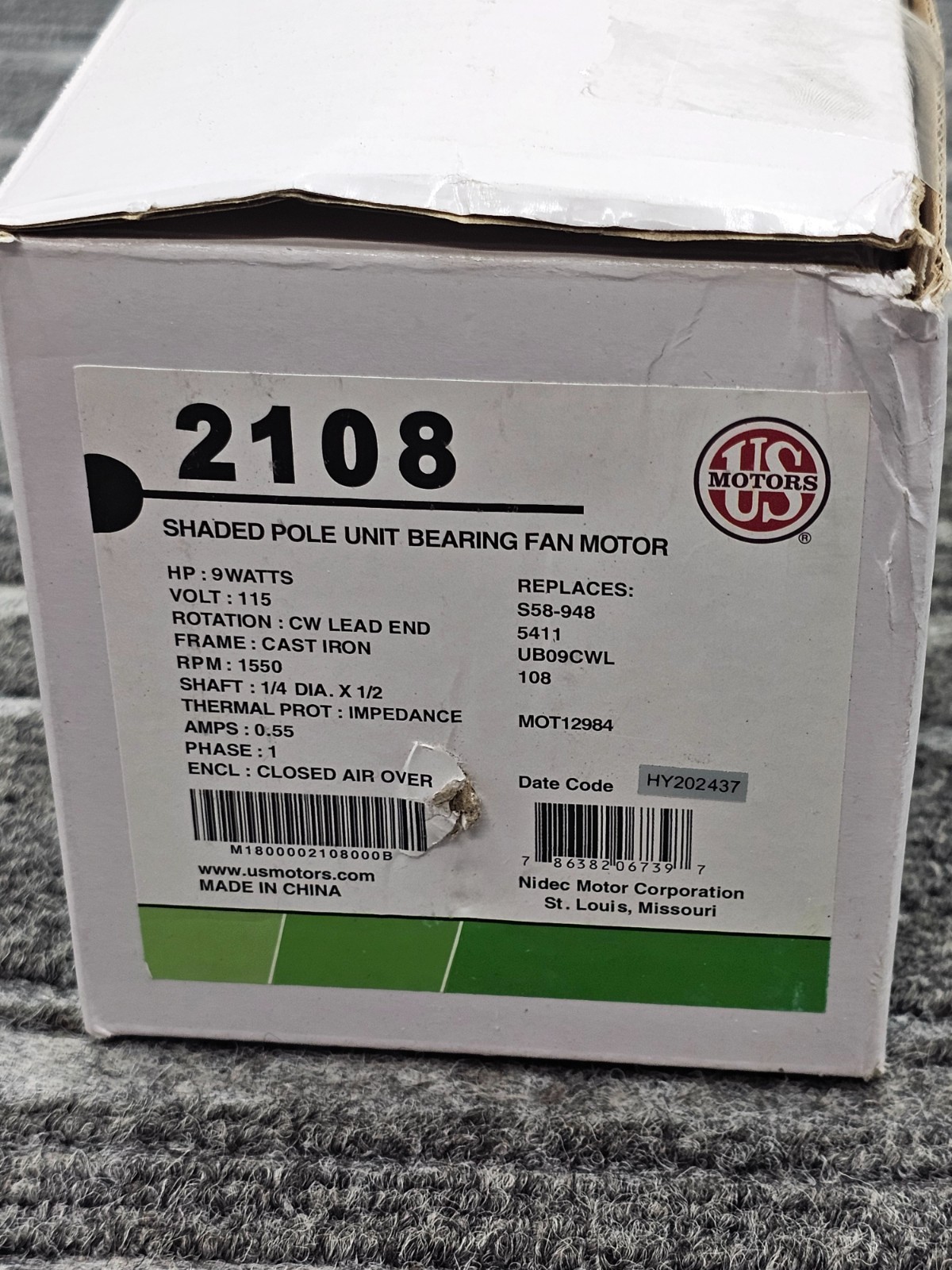 US Motors 2108 Unit Bearing Fan Motor 115V 60/50Hz 0.55A 9W CW 1550 RPM