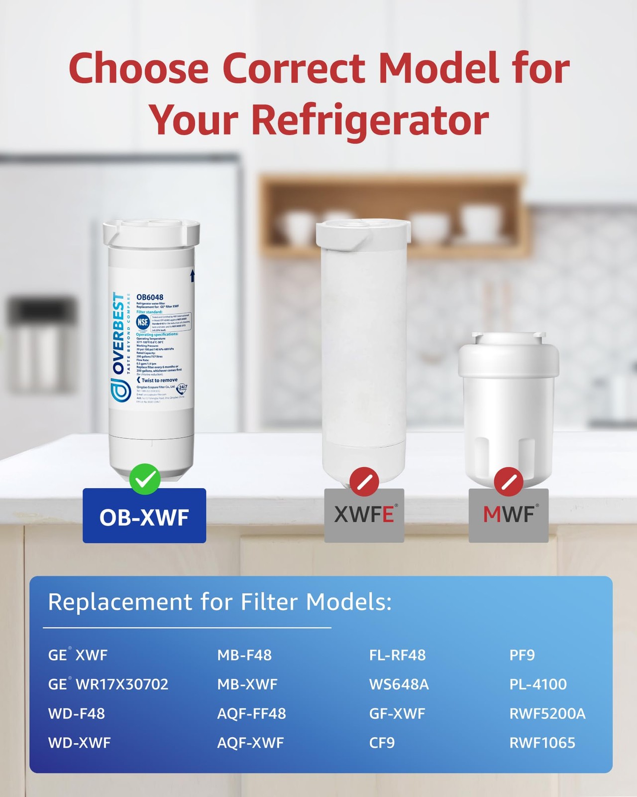 Overbest XWF (No chip) Refrigerator Water Filter, 3 Count (Pack of 1), White