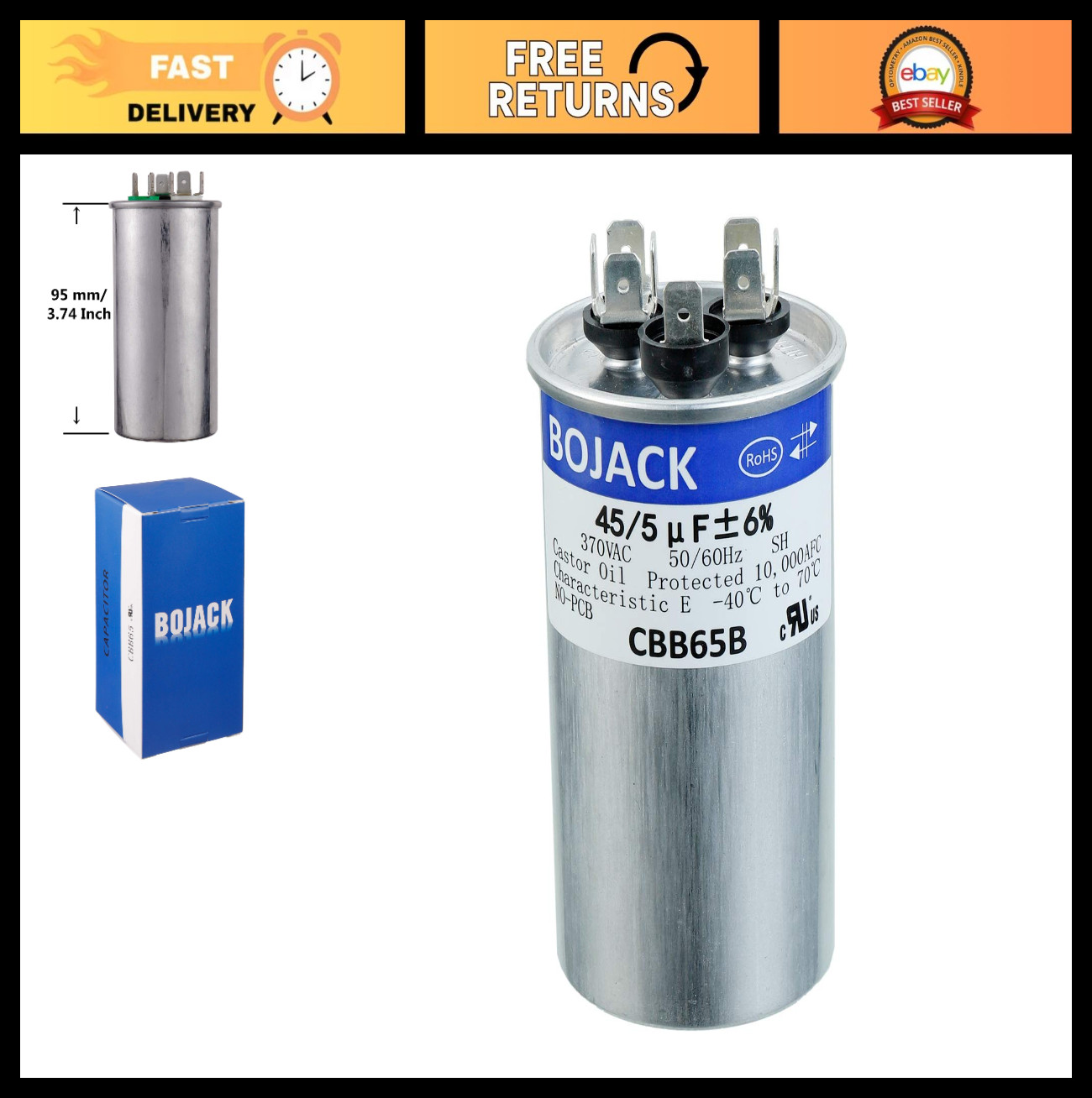 45+5uF Dual Run Capacitor 370V CBB65 for AC Motor, Fan Start, Condenser