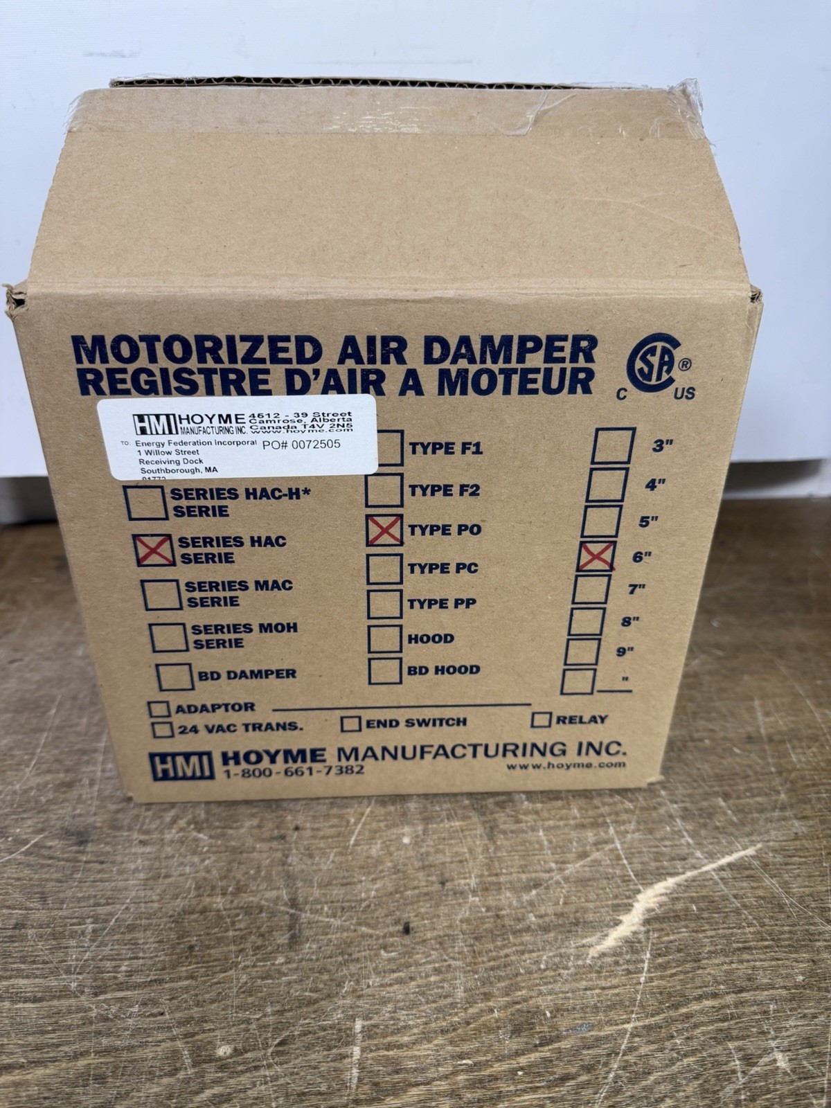 6” HOYME HVAC MOTORIZED ZONE CONTROL DAMPER HAC PO HAC-1610-0P0 24V AC OPEN BOX