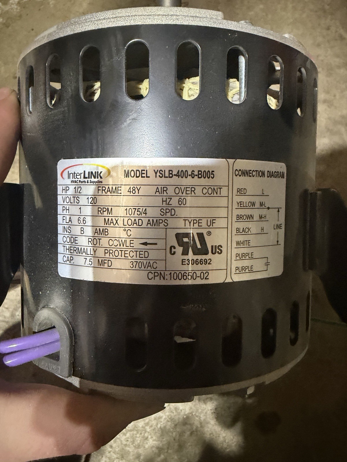 Interlink Furnace Blower Motor YSLB-400-6-B005 1075RPM 120V OEM Tested