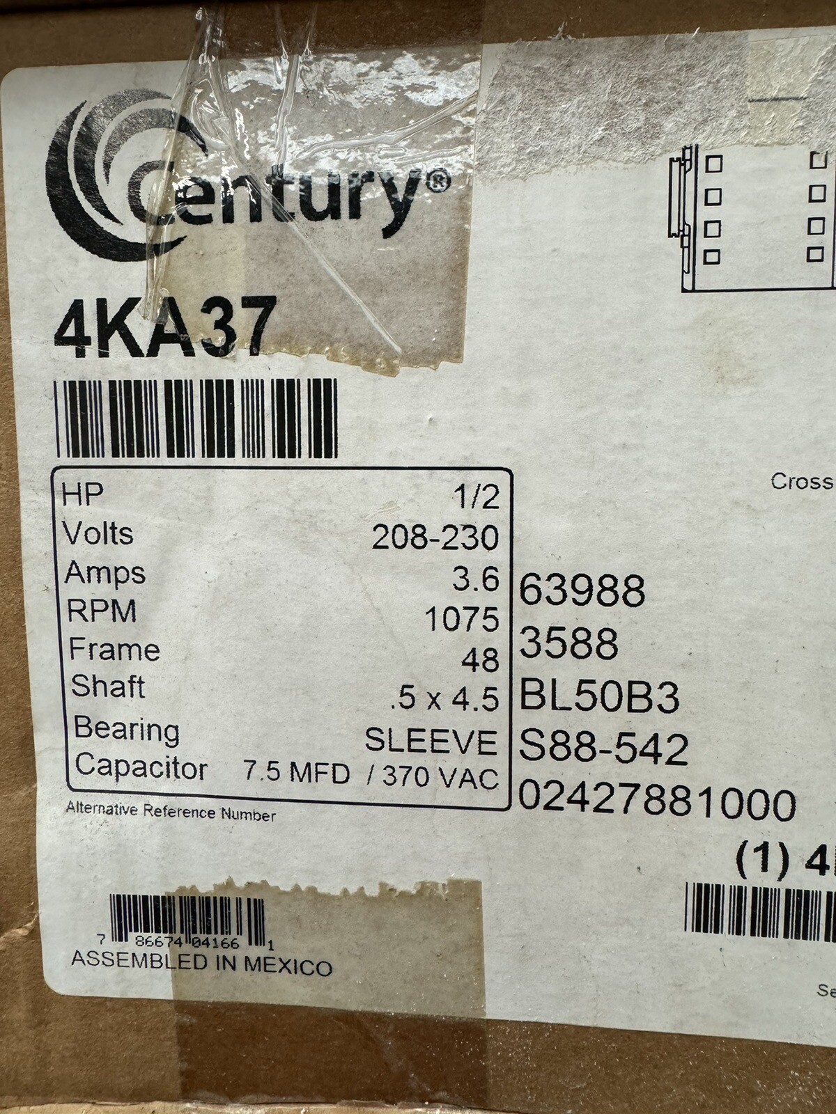 CENTURY 4KA37 DIRECT DRIVE BLOWER MOTOR, 1/2HP, 1075RPM, 3-SPEED, OPEN AIR-OVER.