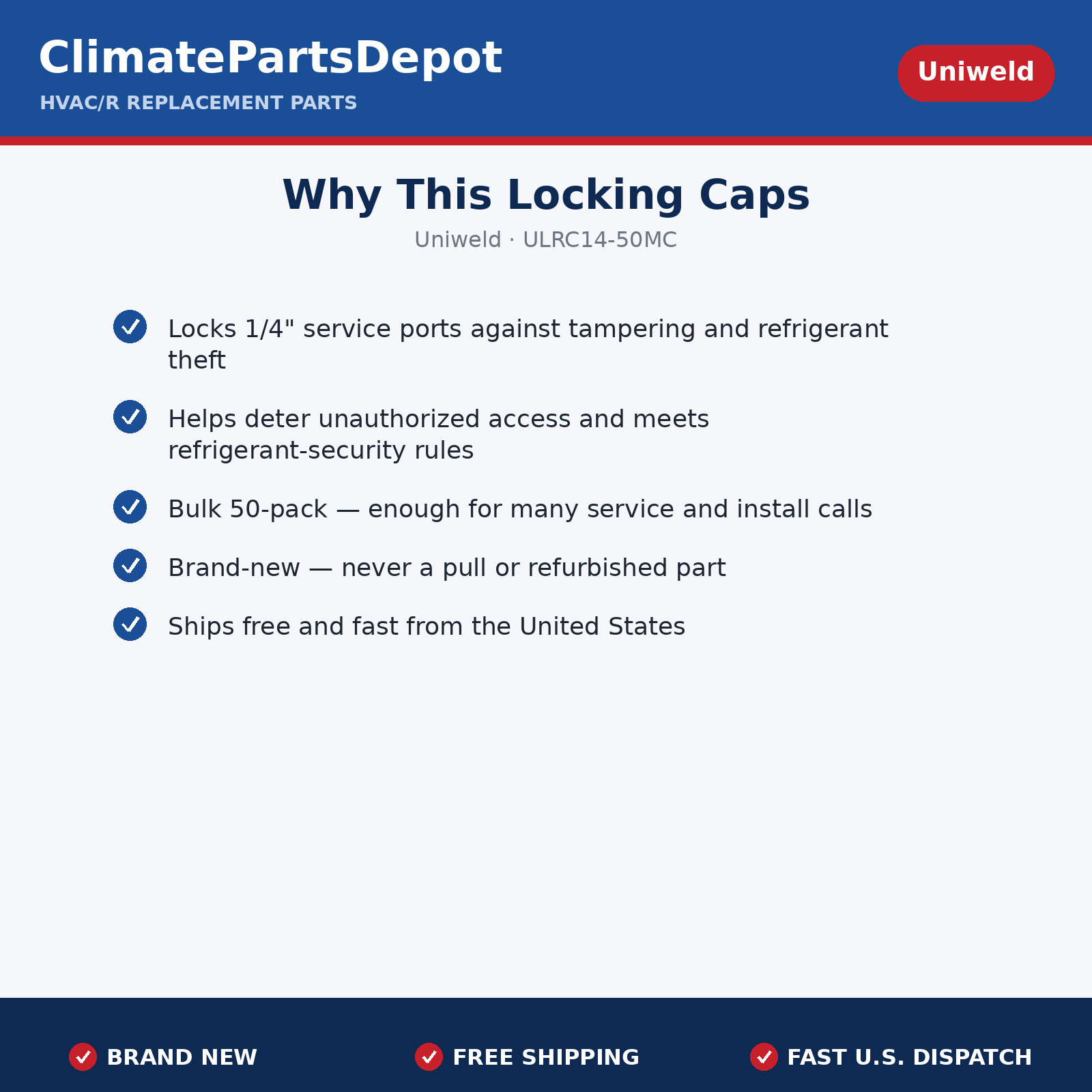 AC Refrigerant Locking Caps, 1/4in 50-Pack – Tamper-Proof, Anti-Theft FREE SHIP