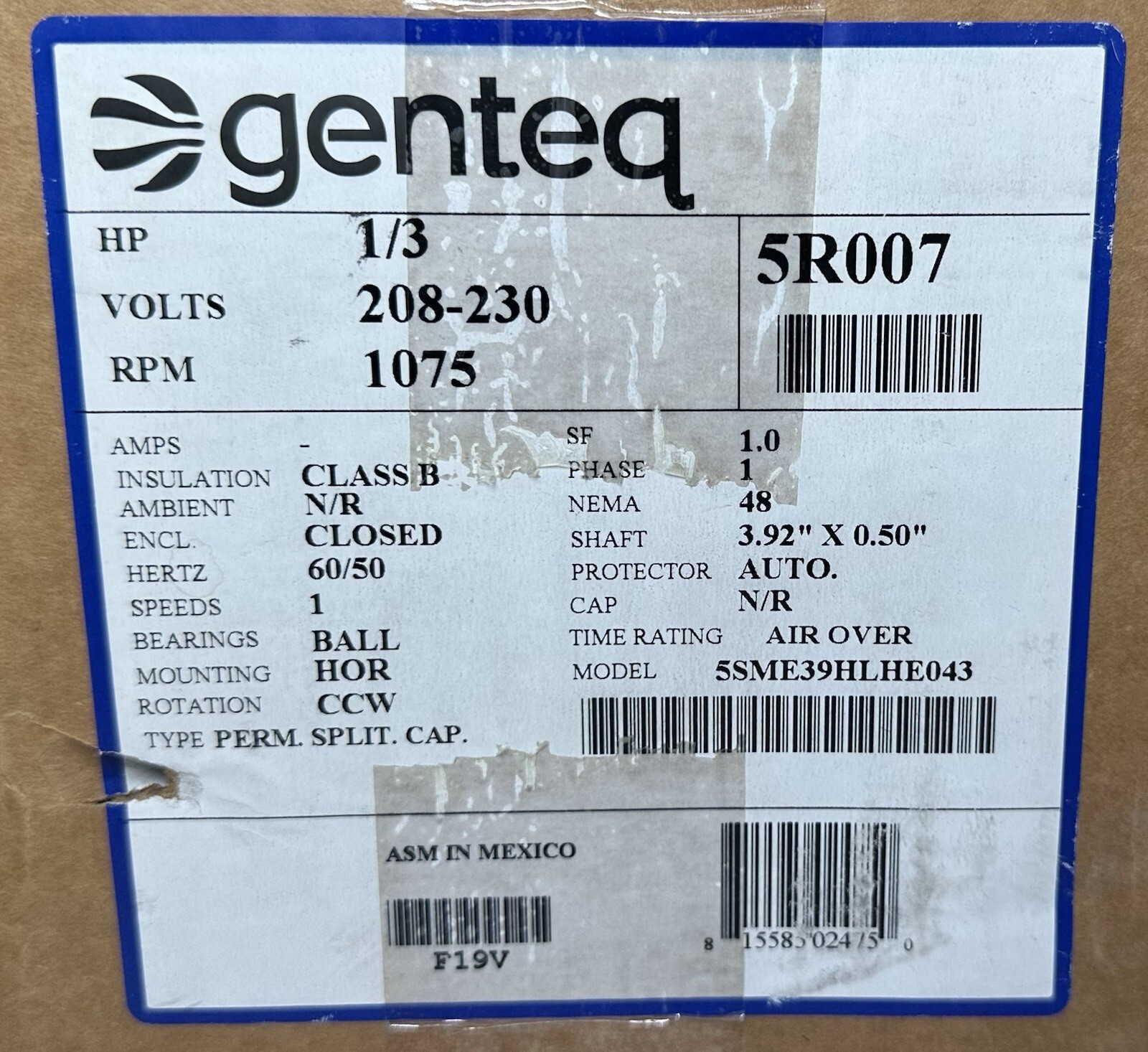 NEW Genteq 5R007 Condenser Fan Motor 1/3 HP, 208-230 Volts, 1075 RPM