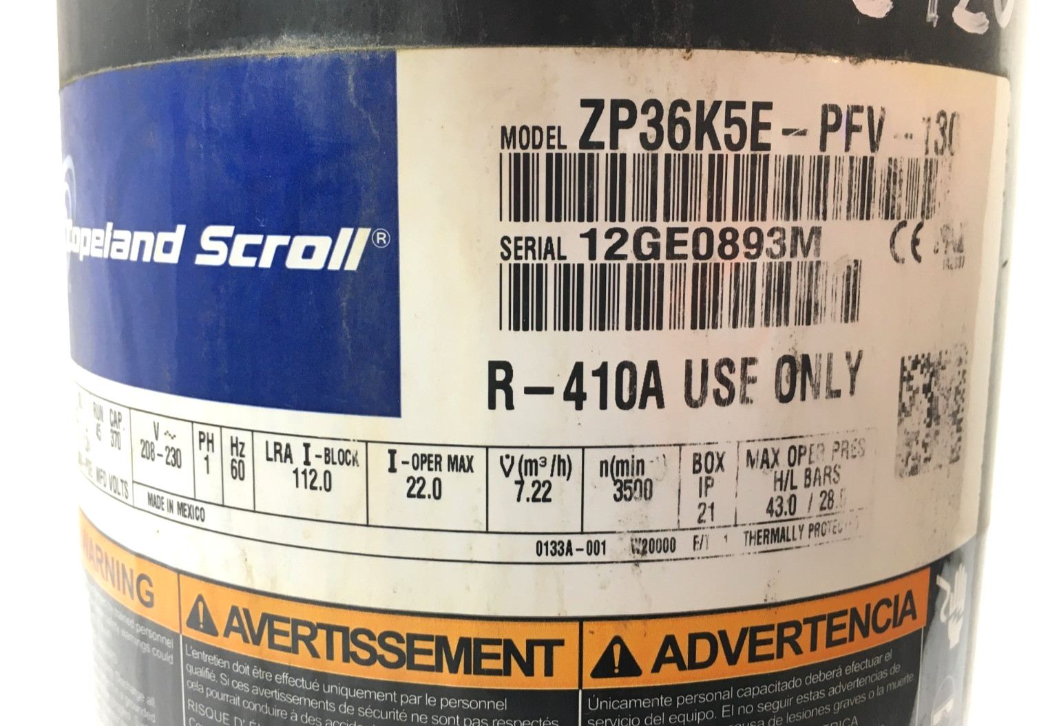 COPELAND Scroll ZP36K5E-PFV-130 36,000 BTU 230V 1PH 60HZ R-410A only! used #C120