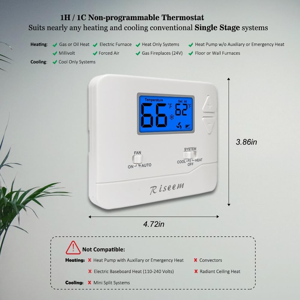 Non-Programmable Thermostat for Home Single-Stage Systems, 1 Heat/1 Blue