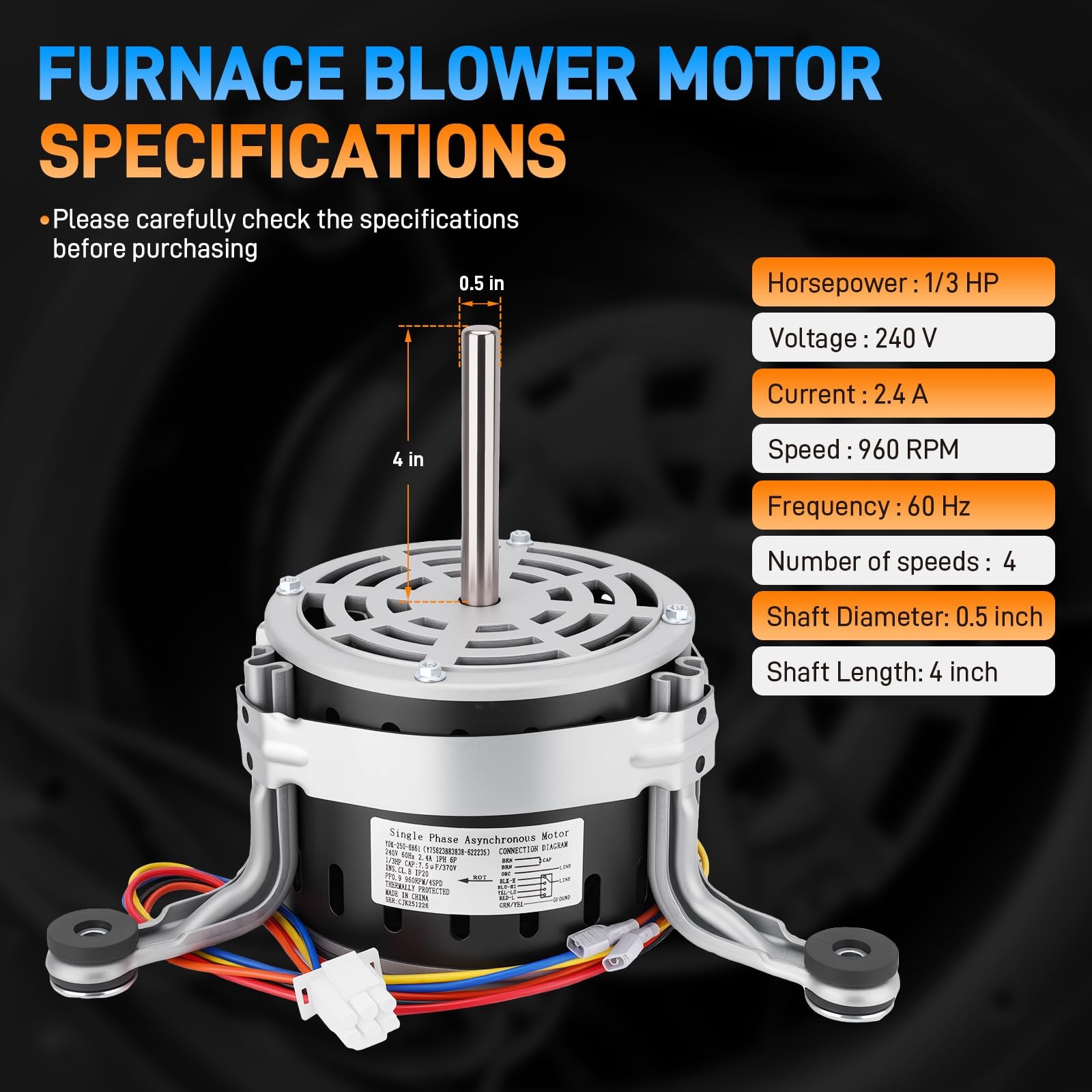 903075 1/3HP Furnace Blower Motor For Nordyne Intertherm Miller E Series 4-Speed