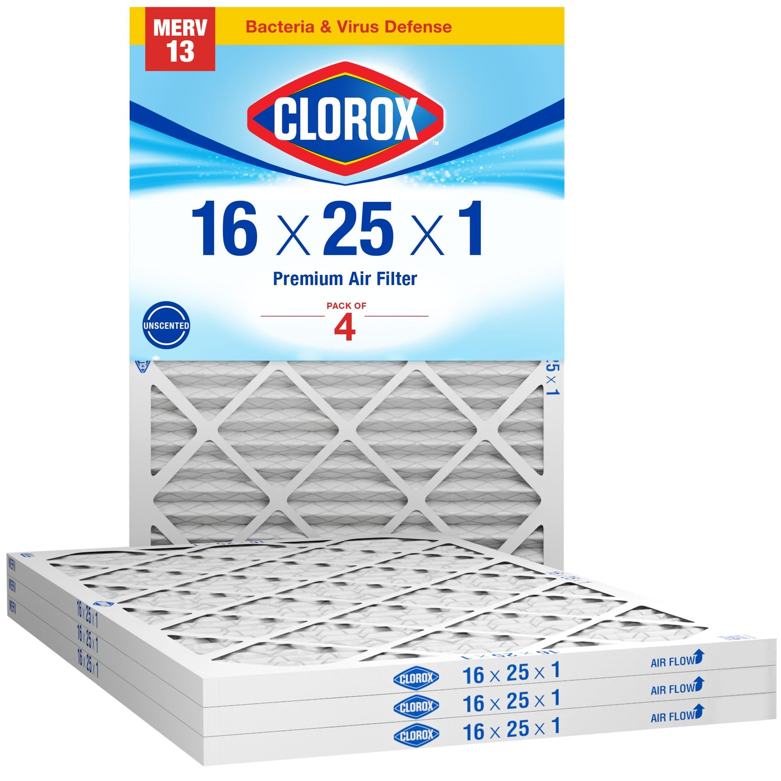 Clorox 16x25x1 Air Filter, MERV 13 Pleated HVAC AC Furnace Filters, MPR…