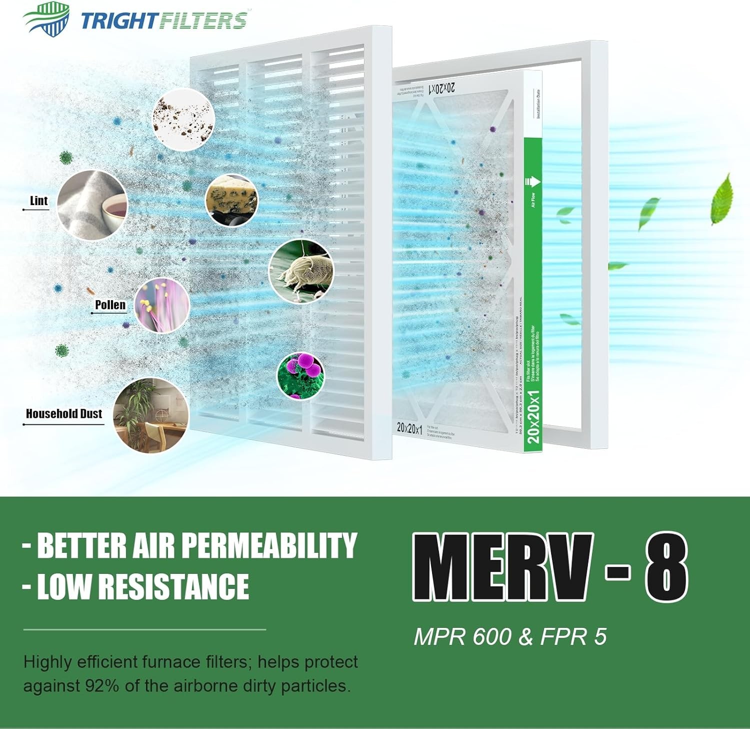 TRIGHTFILTERS 20x20x1 Air Filter 2 Pack, Durable MERV 8 Pleated Home HVAC AC Fur