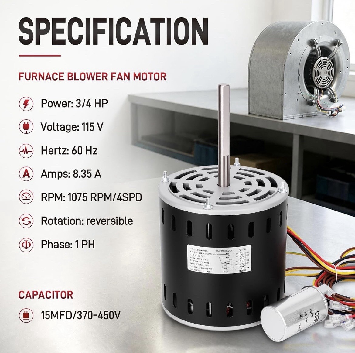 694——5KCP39PGS171S 3/4HP Furnace Blower Motor 115V 8.35A 1075RPM 4-Speed