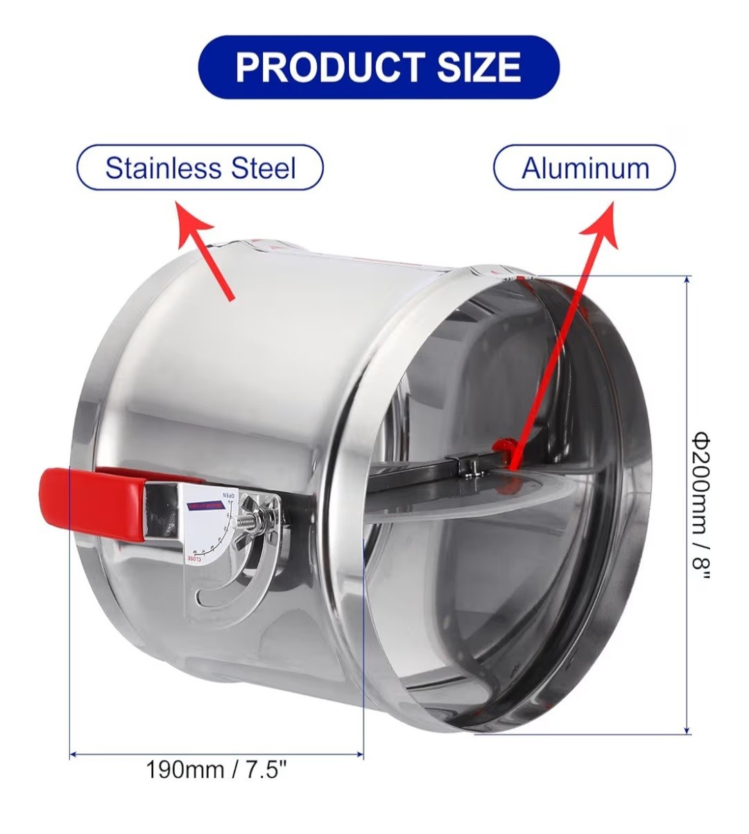 Manual 8″ HVAC Damper Stainless Steel Aluminum Round Airflow Adjustment Sleeve