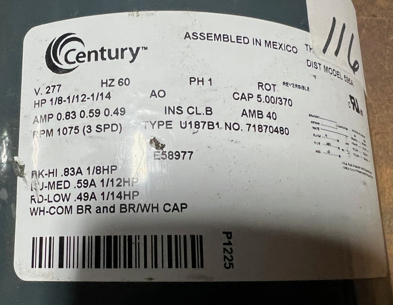 CENTURY 595A HVAC MOTOR, 277V AC, 1-PHASE, 3 SPEED, 1,075 RPM, 833KX4, NEW!