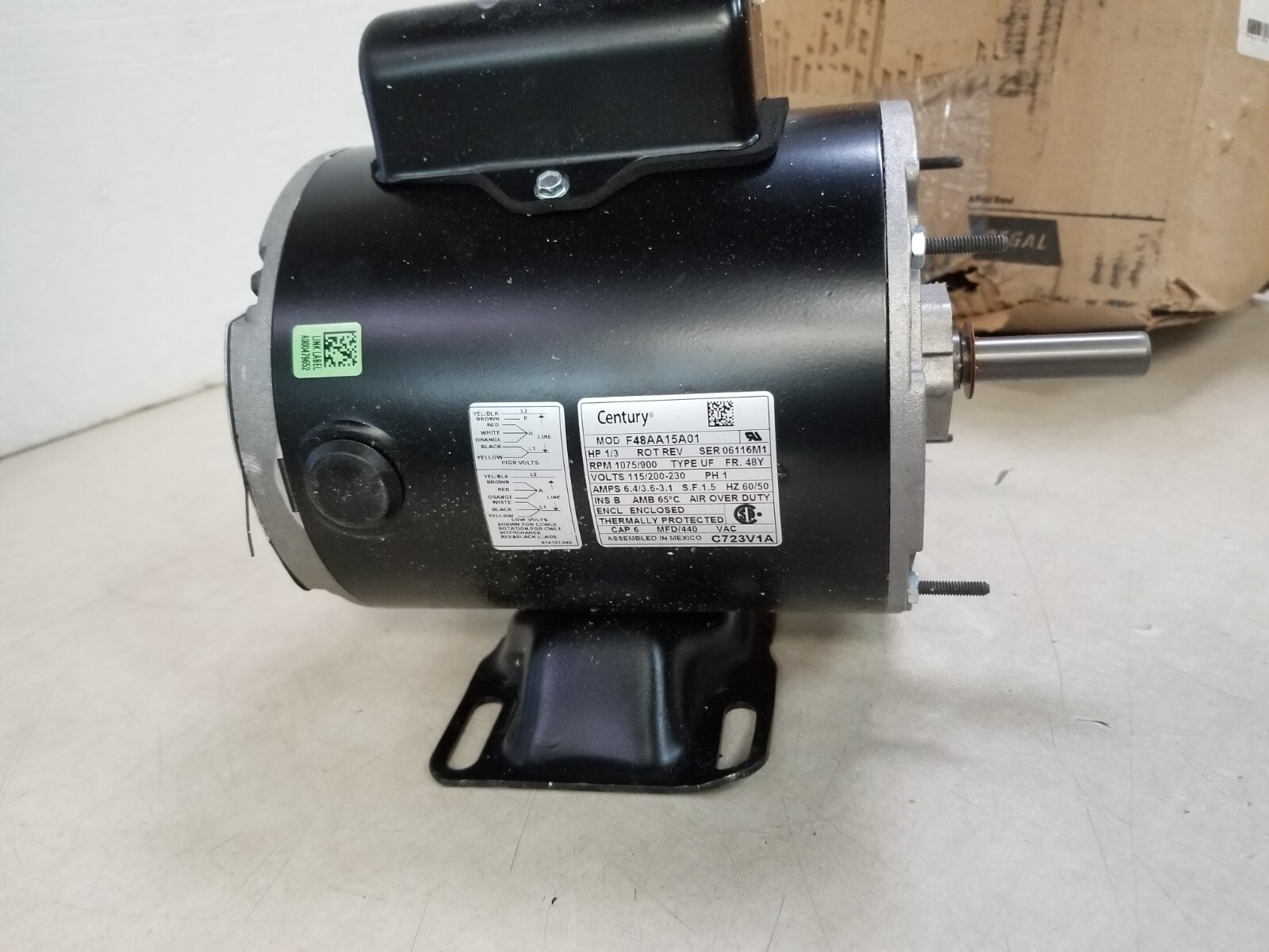 Century C723V1A Fan Motor, 1/3 HP, 1075 RPM, 48Y Frame