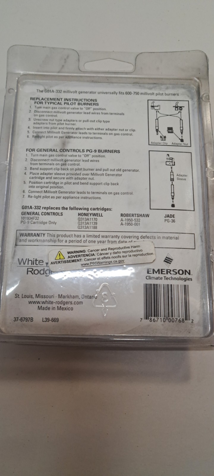 WHITE-RODGERS G01A-332 Thermocouple, 36 in Cable, 750mV 2E446