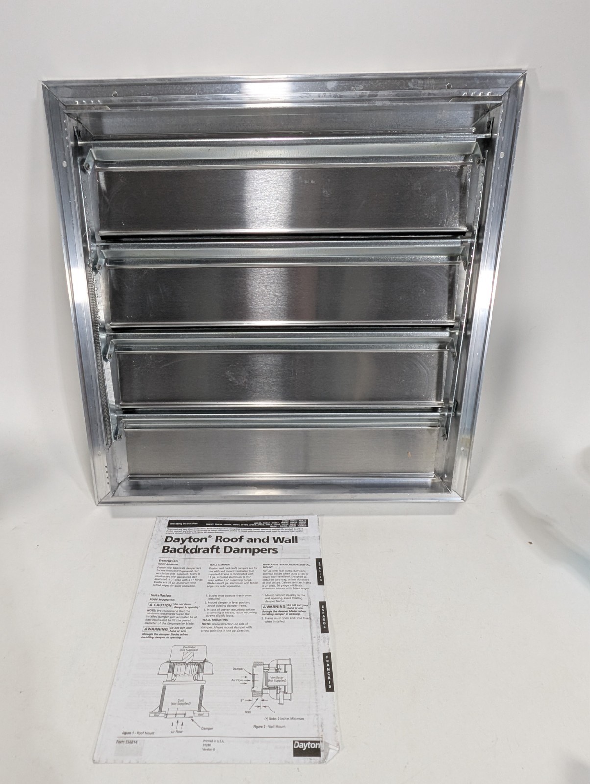 Dayton 5Nkn4 Damper, Backdraft, Wall Mount, 19-3/4 In Square NEW OPEN BOX